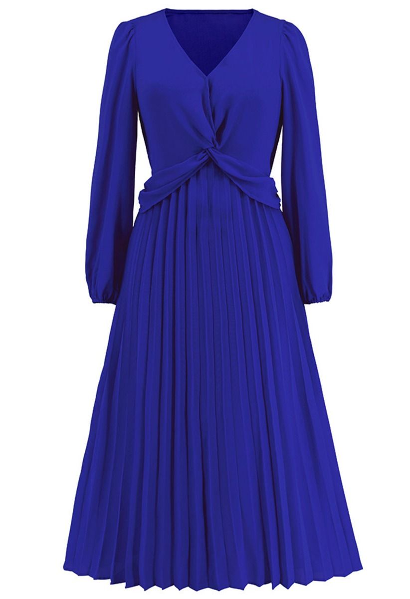 V-Neck Twisted Front Pleated Dress in Indigo