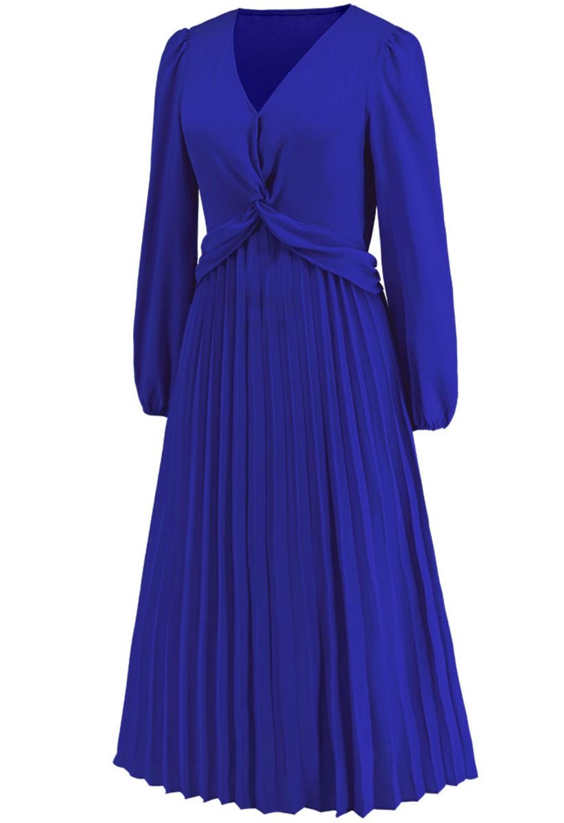 V-Neck Twisted Front Pleated Dress in Indigo