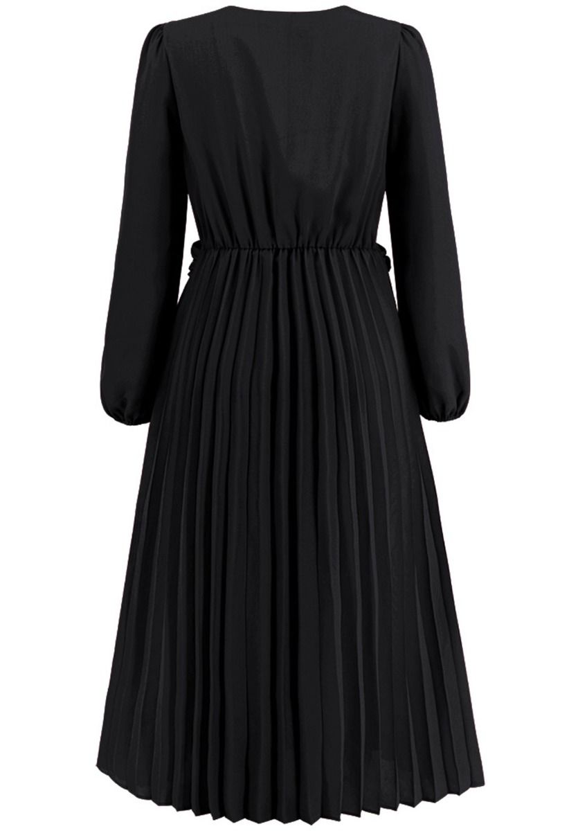 V-Neck Twisted Front Pleated Dress in Black