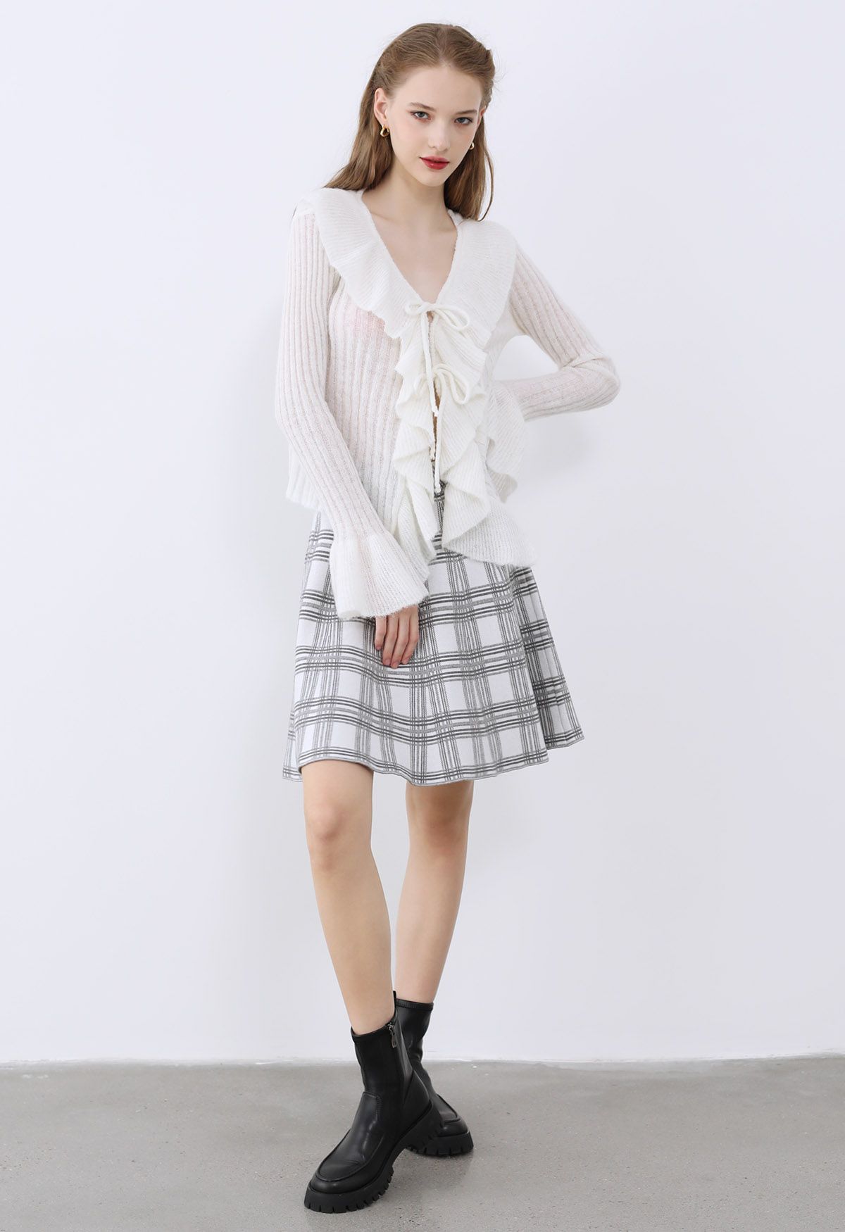 Plaid Knit High Waist Mini Skirt in Grey