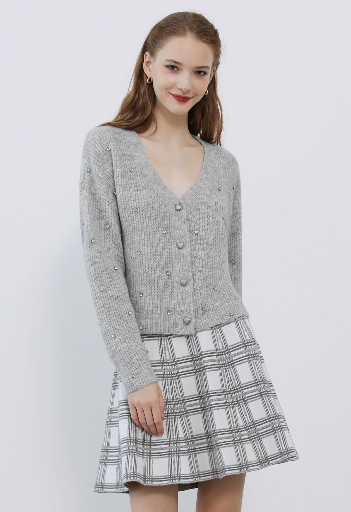 Rhinestone Embellished Button Down Knit Cardigan in Grey