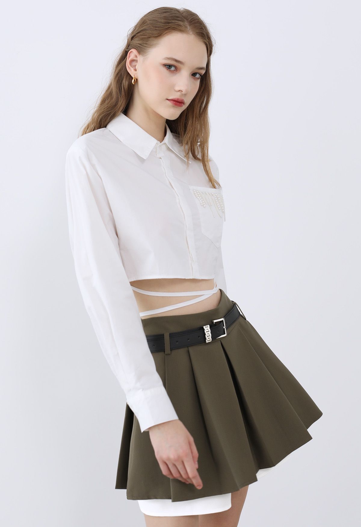 Contrast Hemline Pleated Skorts in Brown