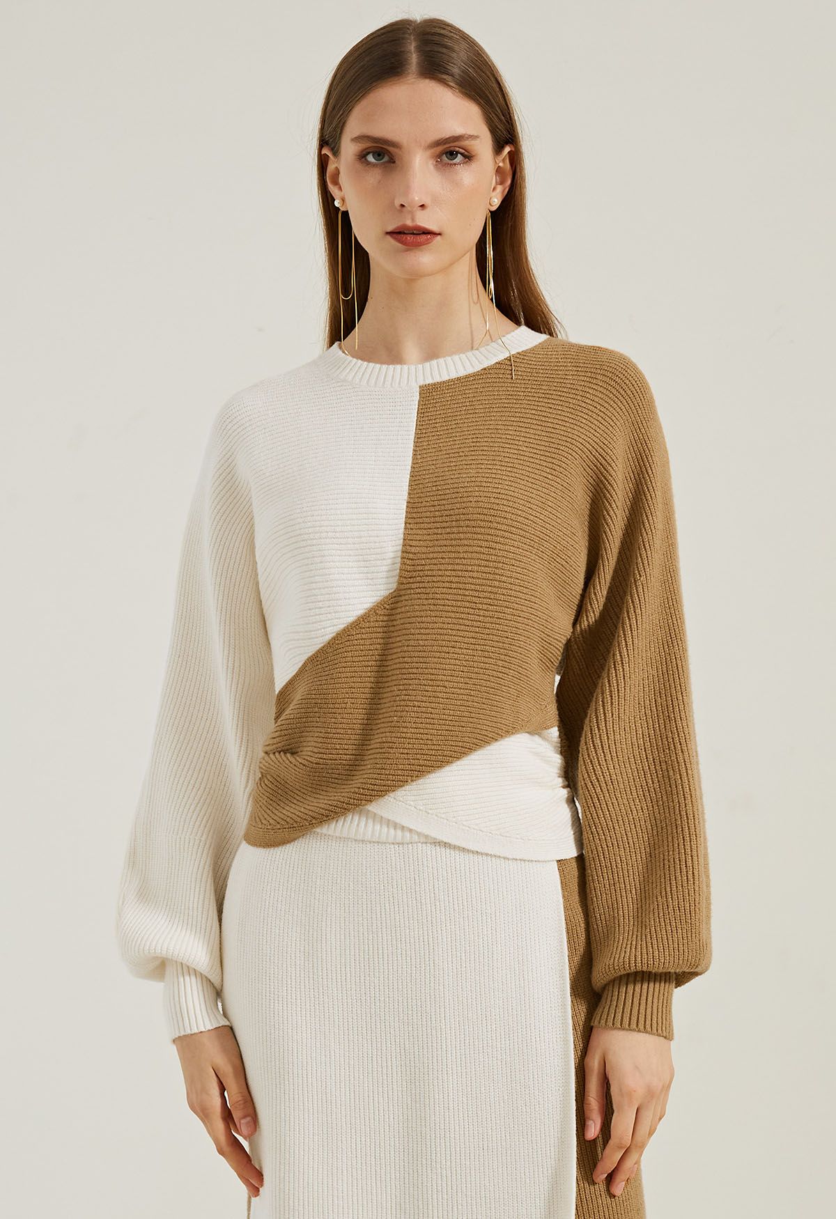 Two-Tone Cross Hem Knit Sweater