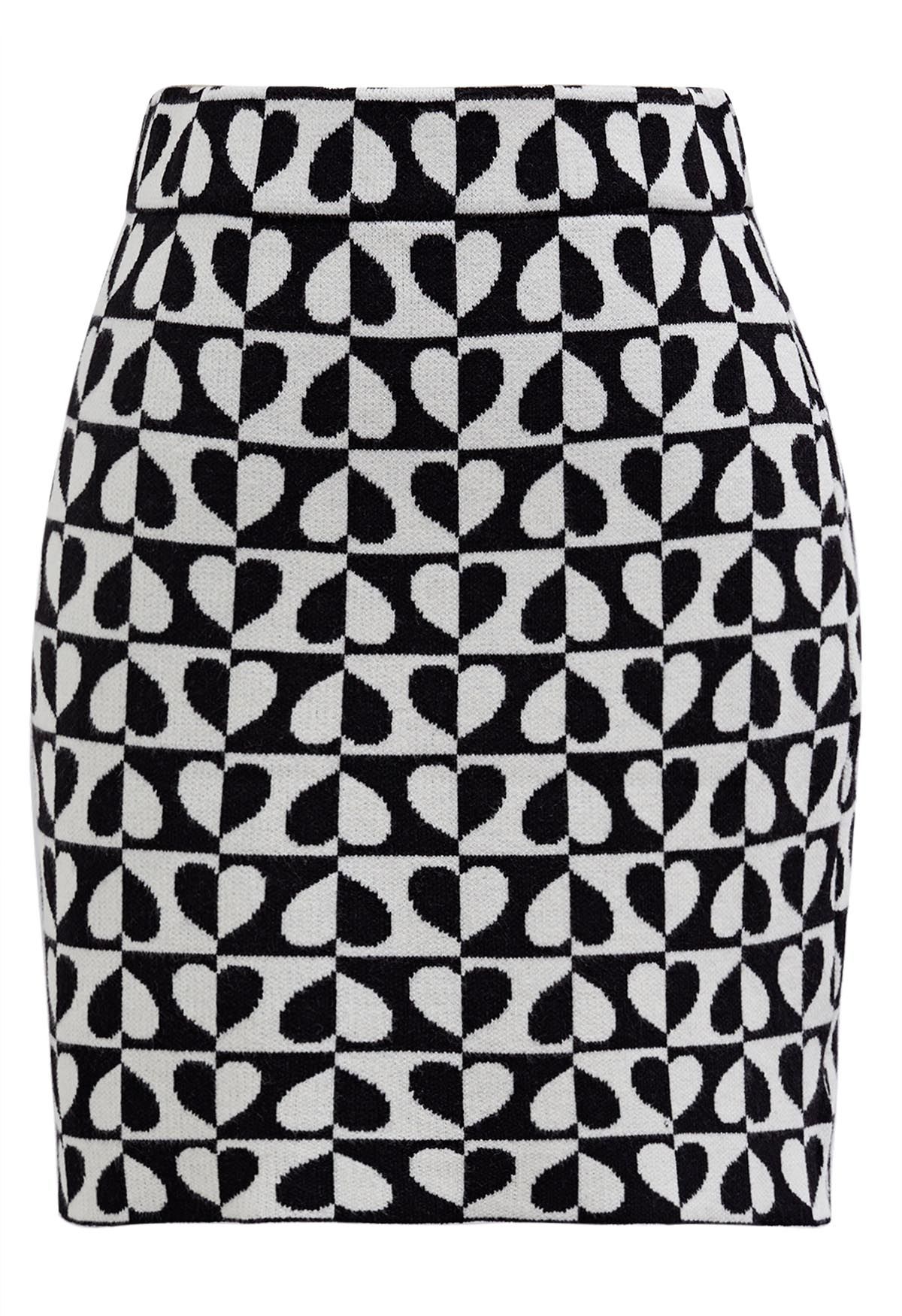 Bicolor Heart Pattern Knit Mini Bud Skirt in Black