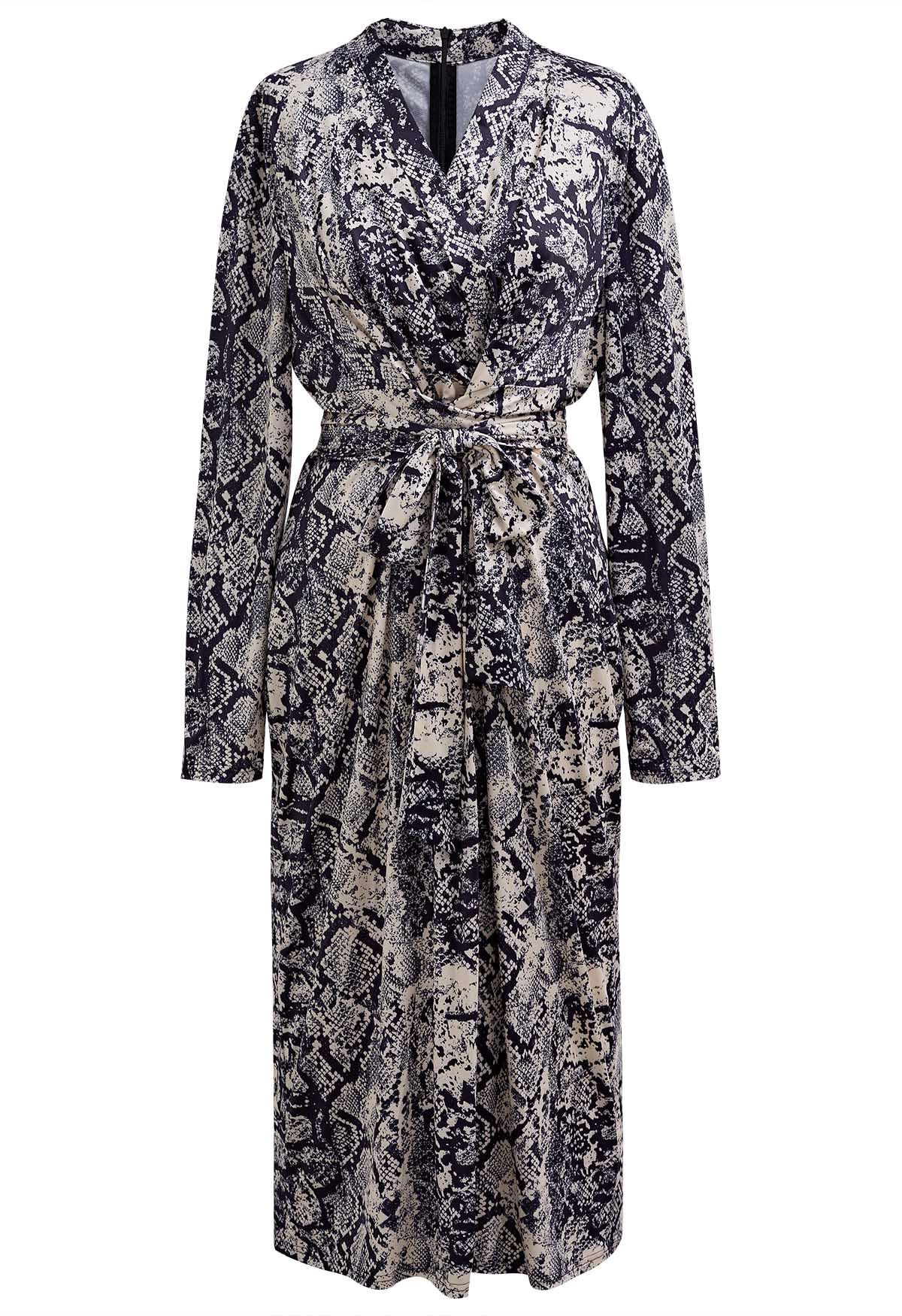 Snake Print Tie Waist Wrapped Dress