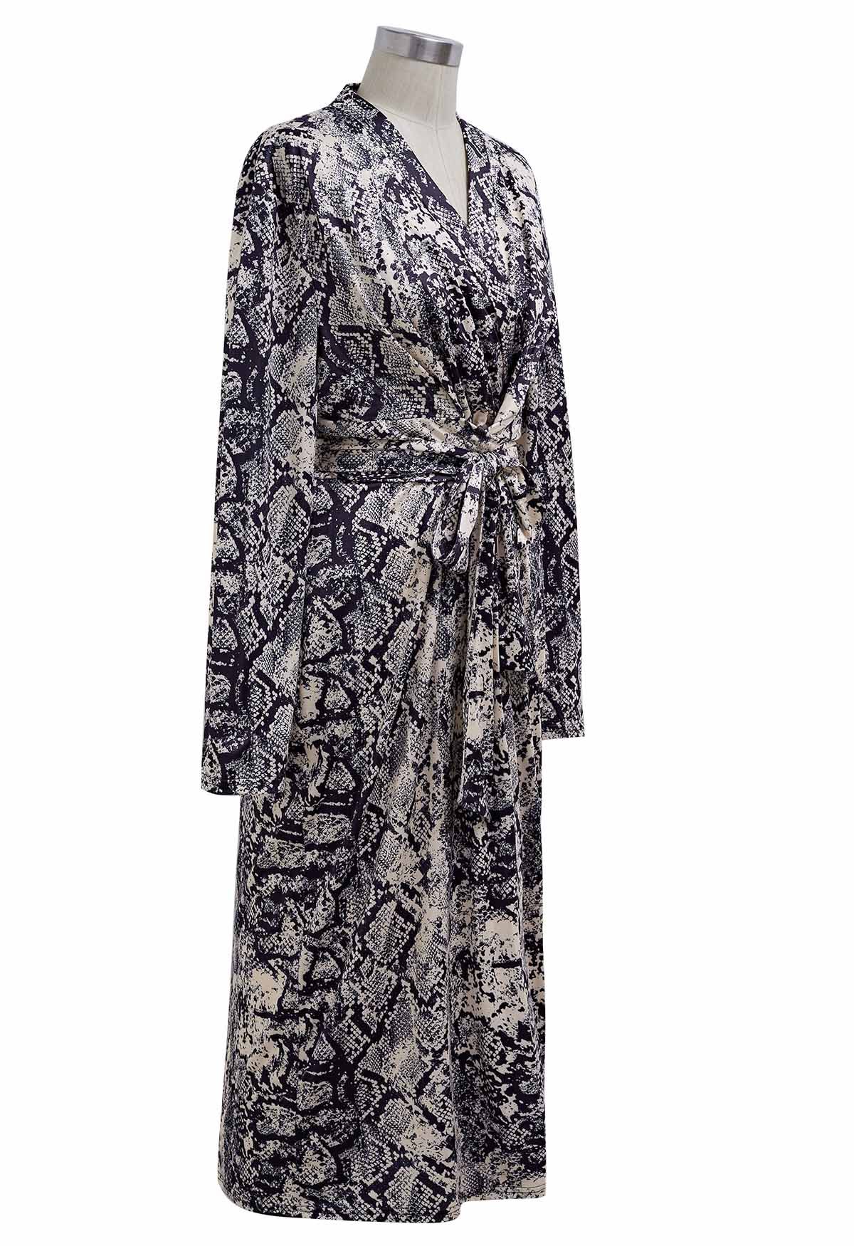 Snake Print Tie Waist Wrapped Dress