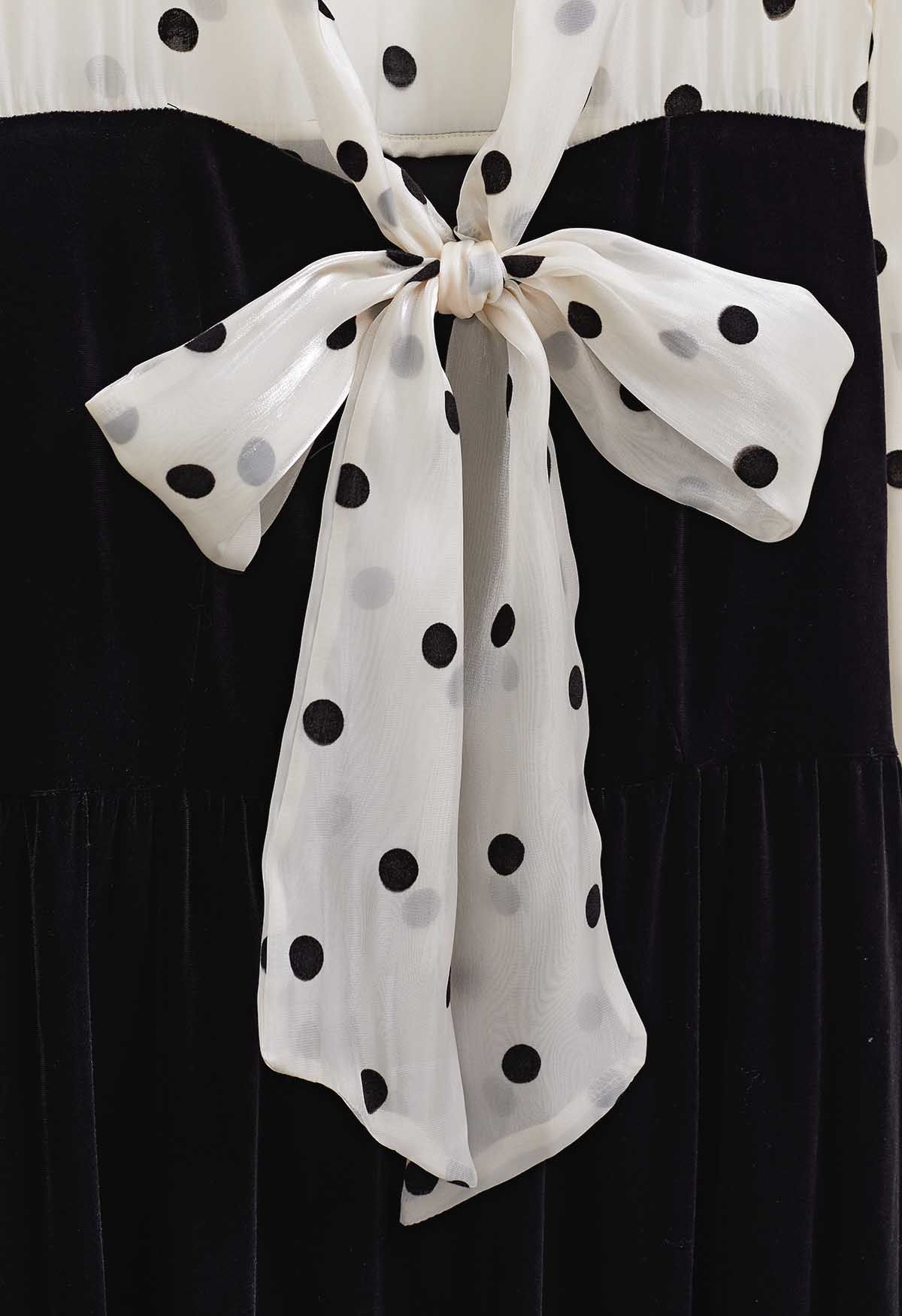 Polka Dot Soft Organza Spliced Velvet Midi Dress