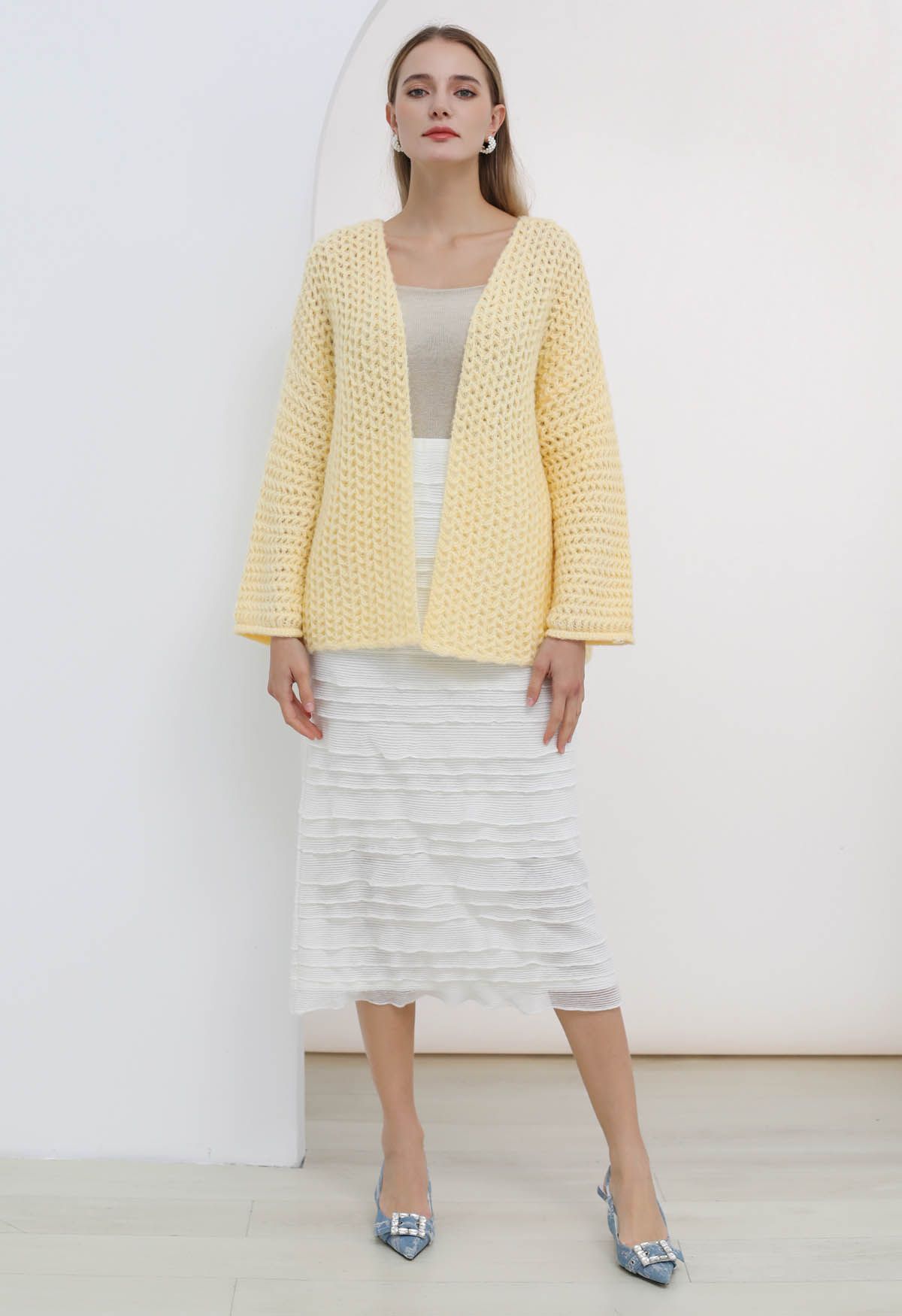 Open Front Hollow Out Knit Cardigan in Light Yellow