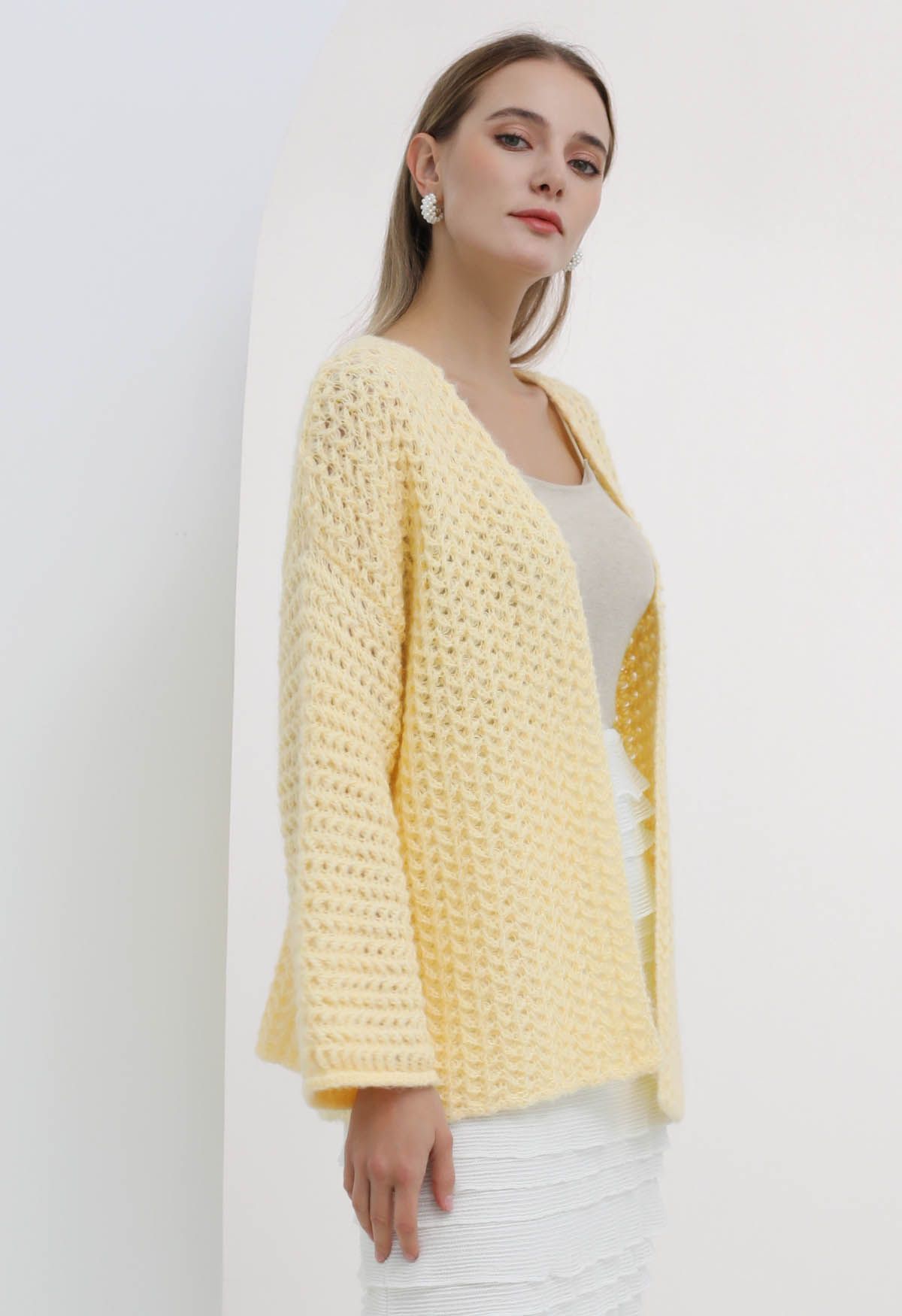 Open Front Hollow Out Knit Cardigan in Light Yellow