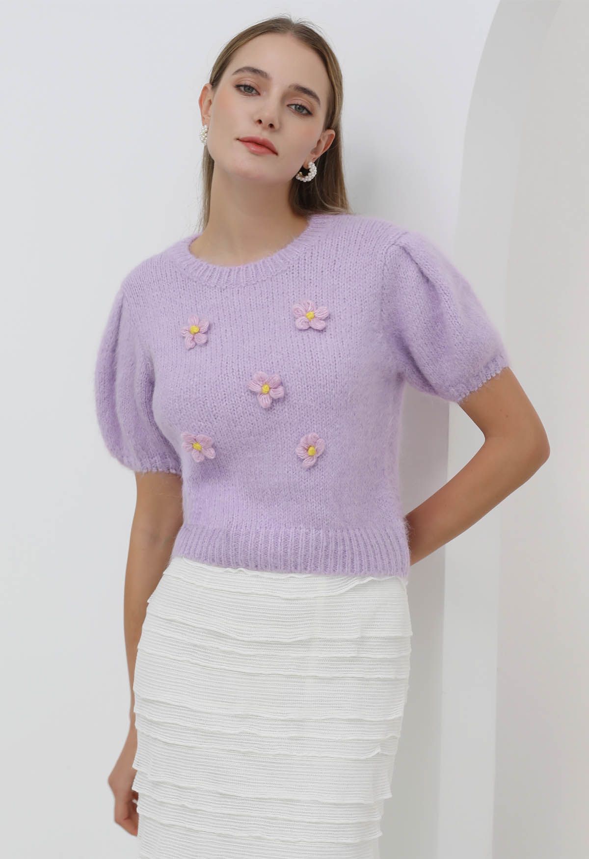 Crochet Flower Bubble Short-Sleeve Sweater in Lilac