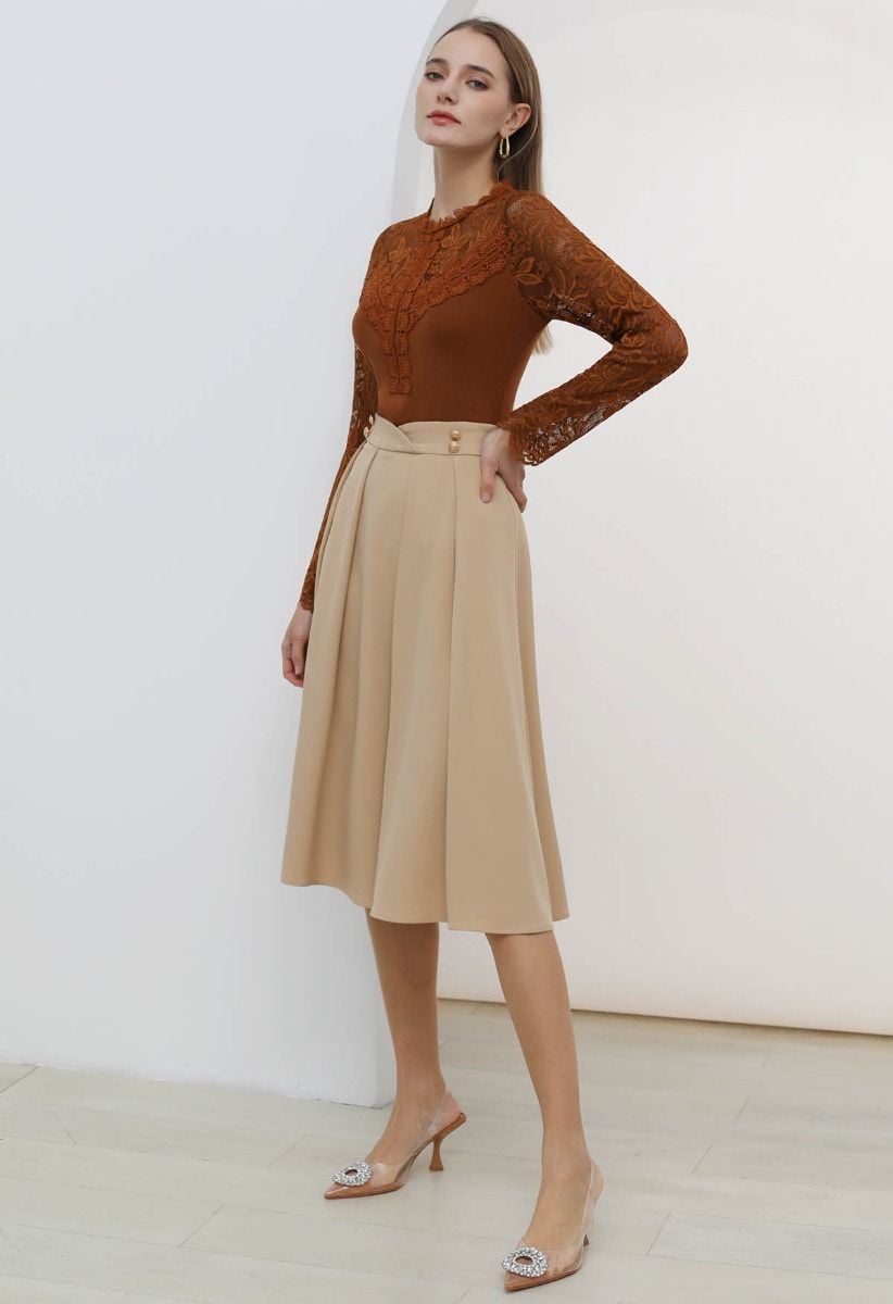 Ethereal Floral Lace Spliced Knit Top in Caramel