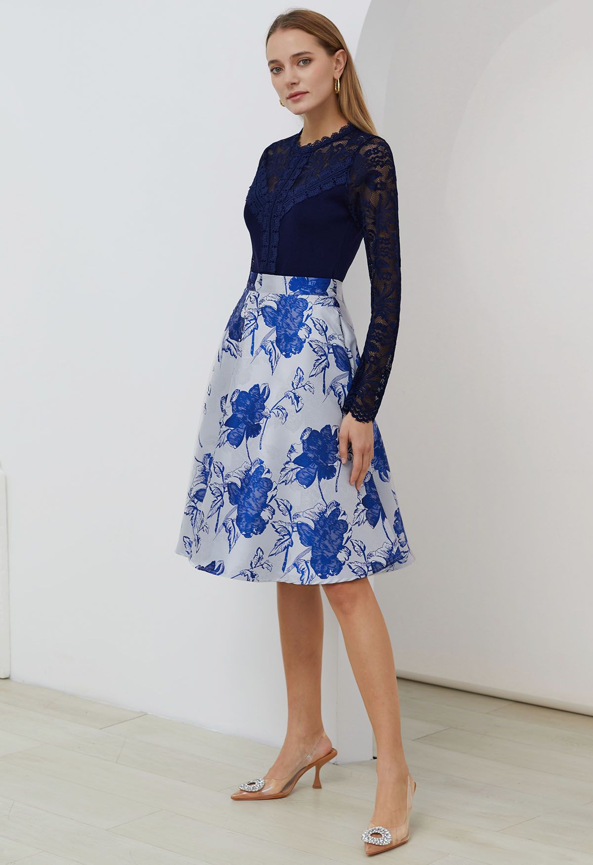 Blue Blossom Jacquard A-Line Midi Skirt