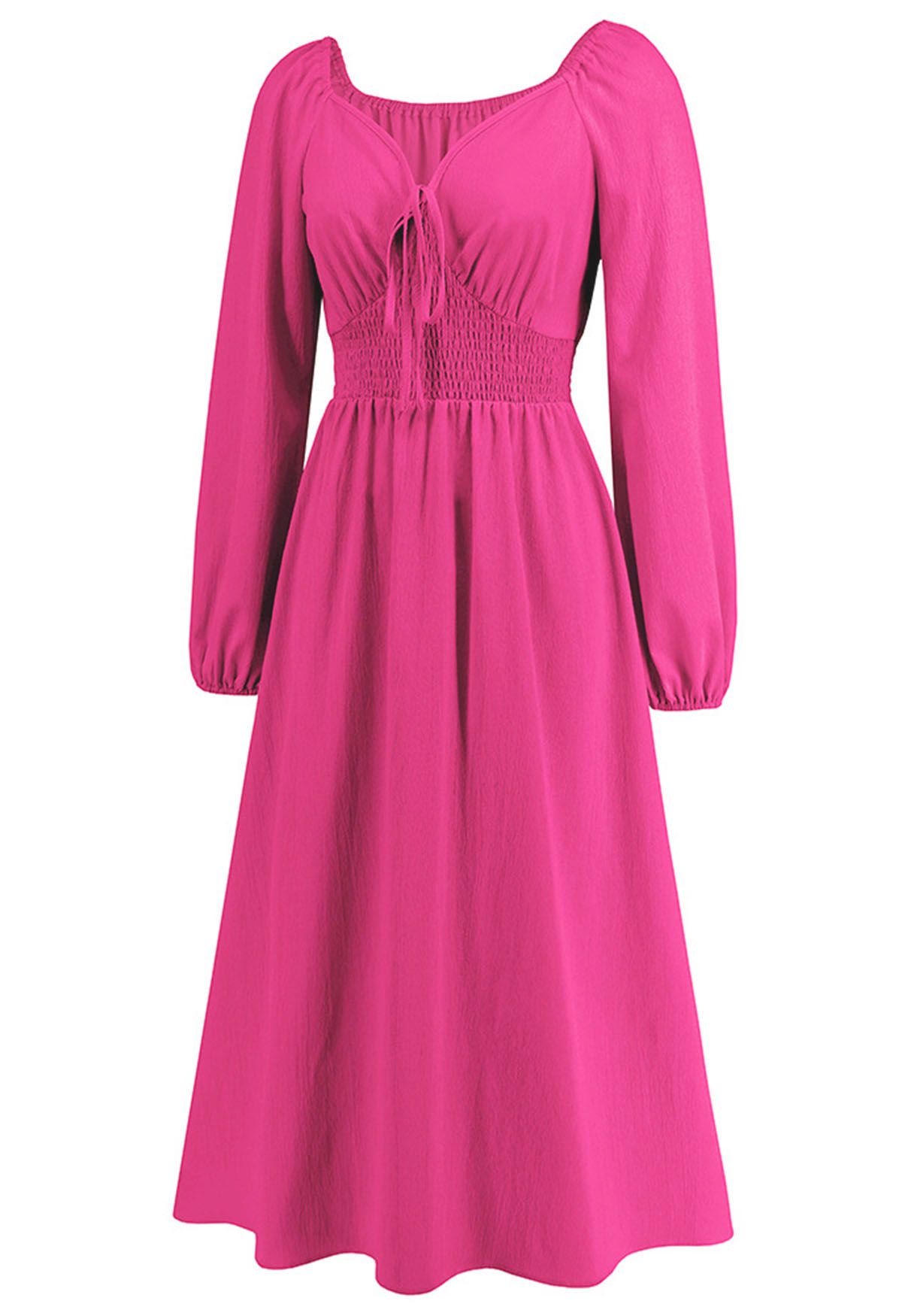 Sweetheart Neck Tie Front Midi Dress in Magenta