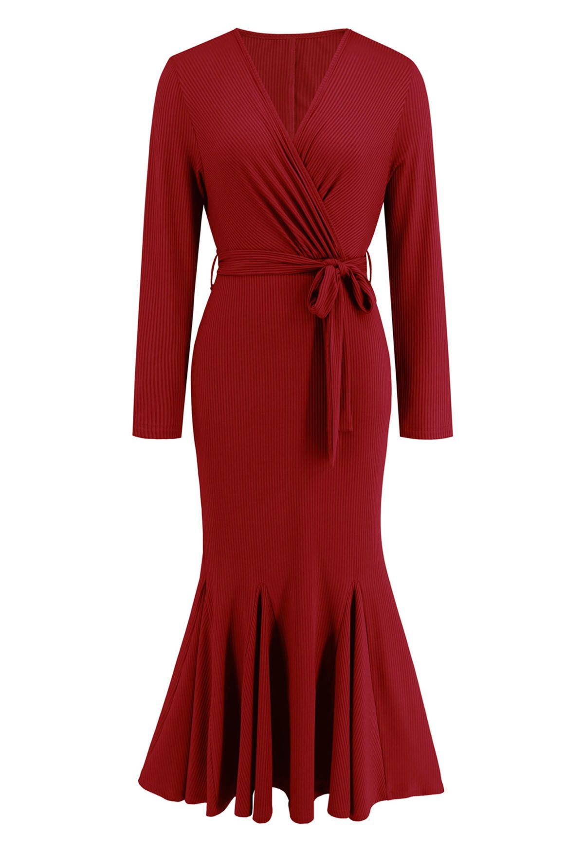 Surplice Neck Tie Waist Mermaid Dress in Red