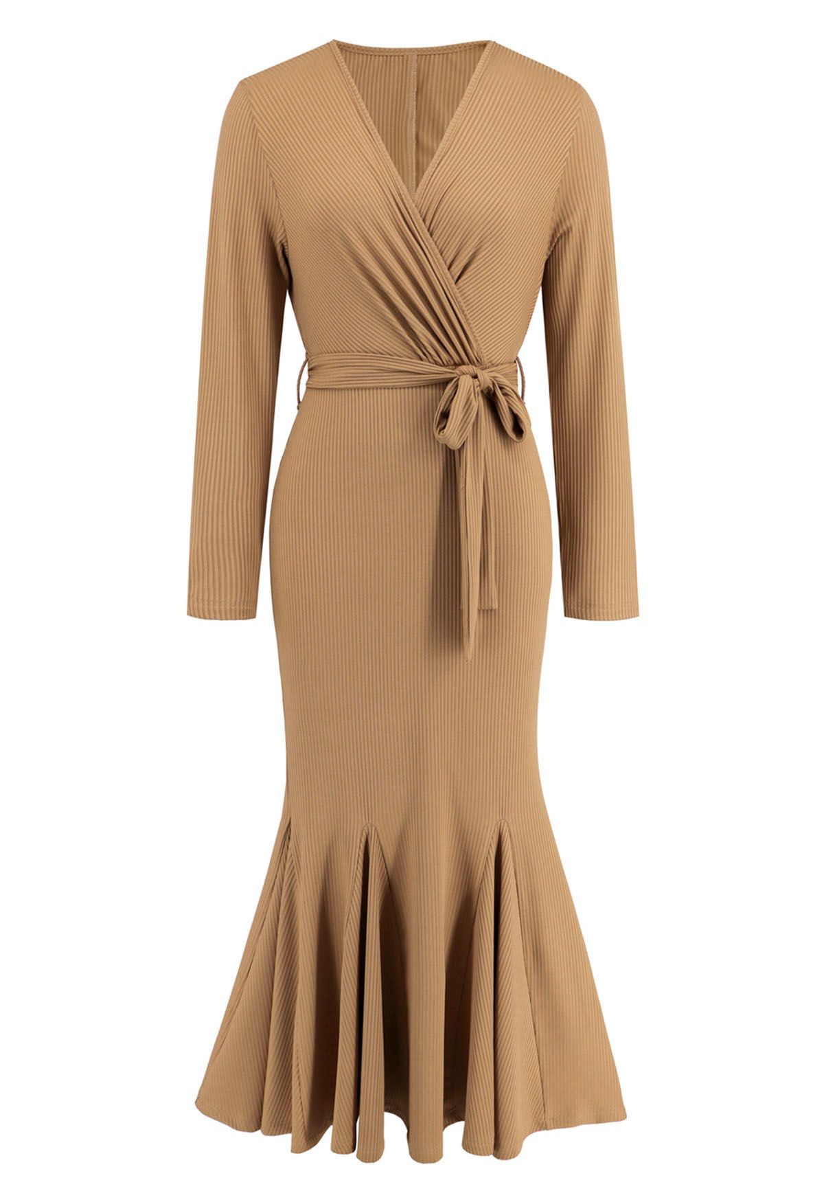 Surplice Neck Tie Waist Mermaid Dress in Tan