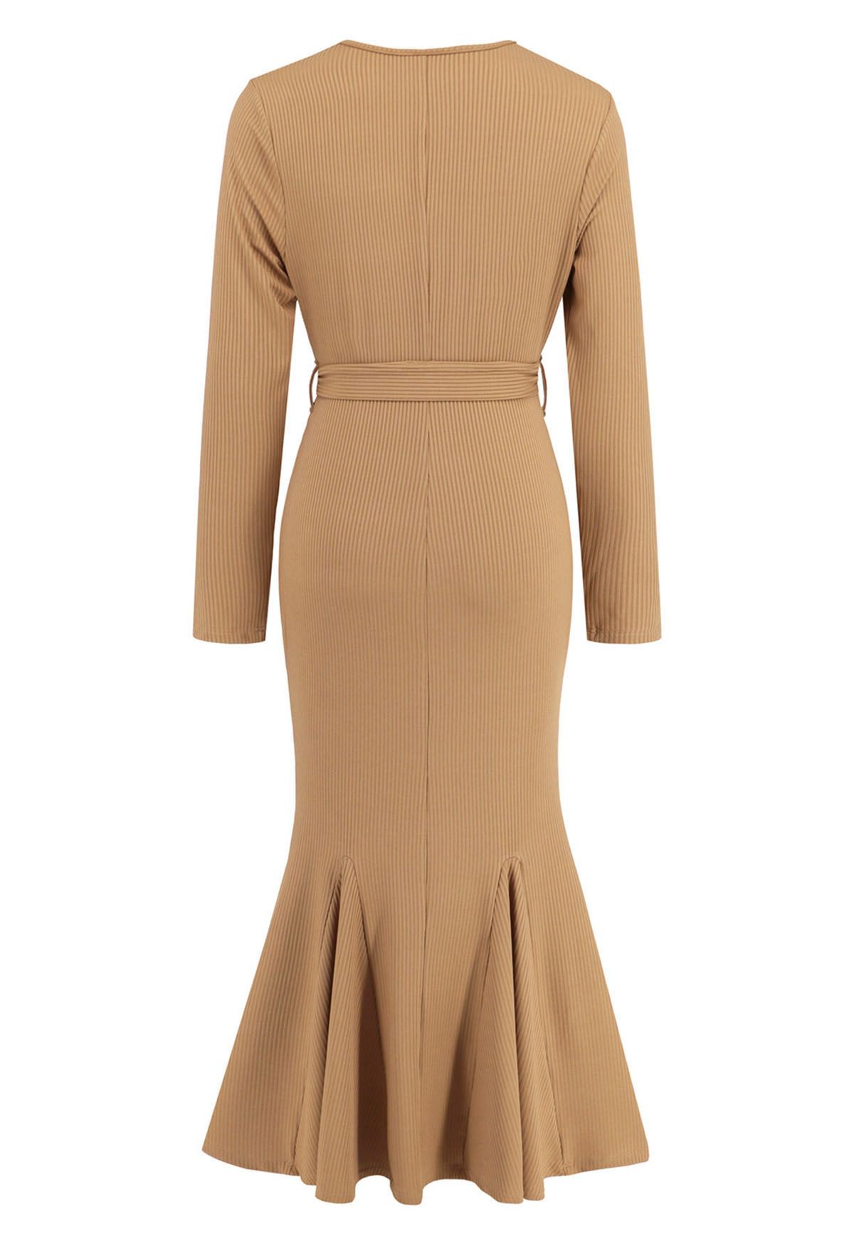 Surplice Neck Tie Waist Mermaid Dress in Tan