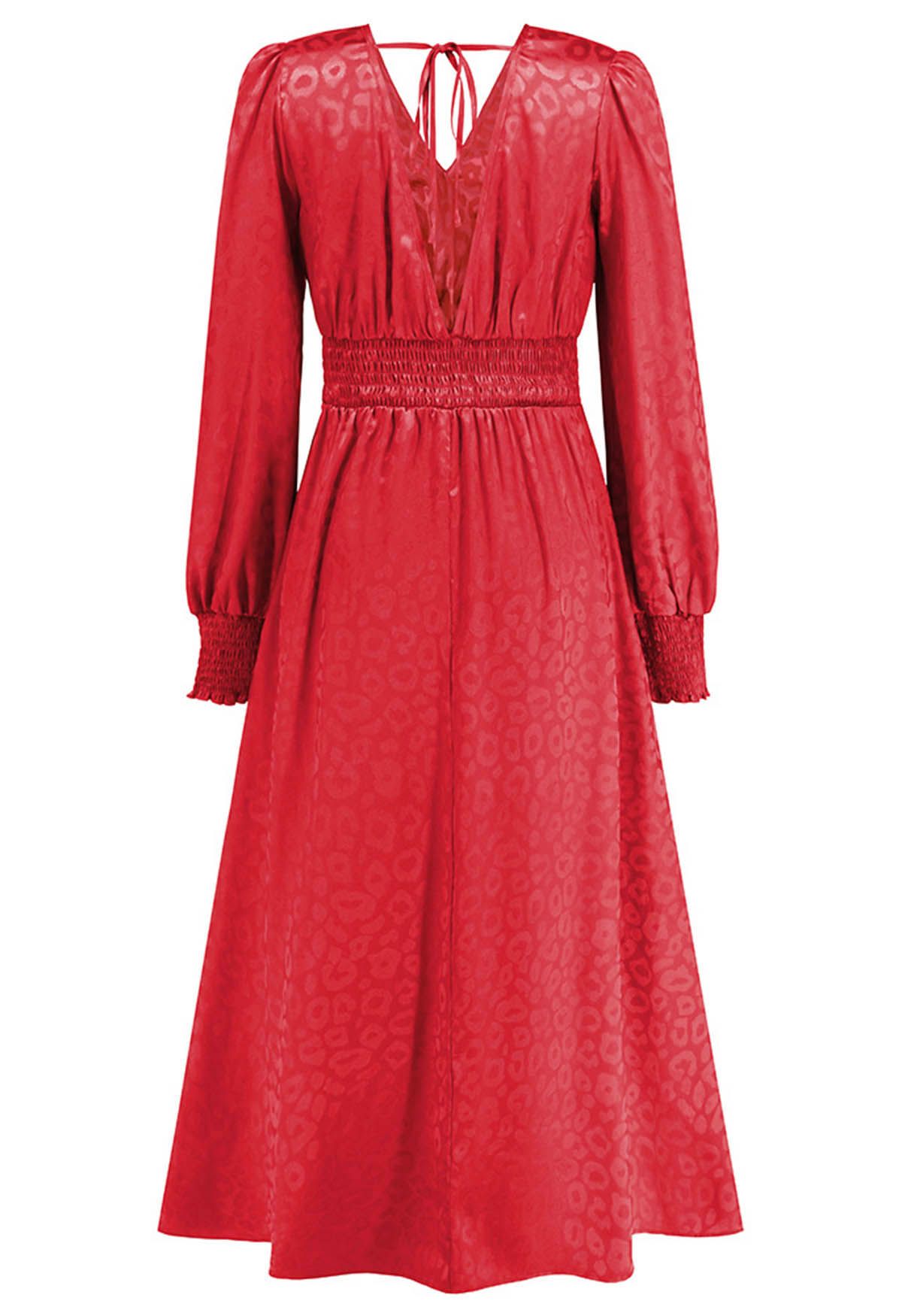 Glossy Leopard Jacquard Ruffle Maxi Dress in Red