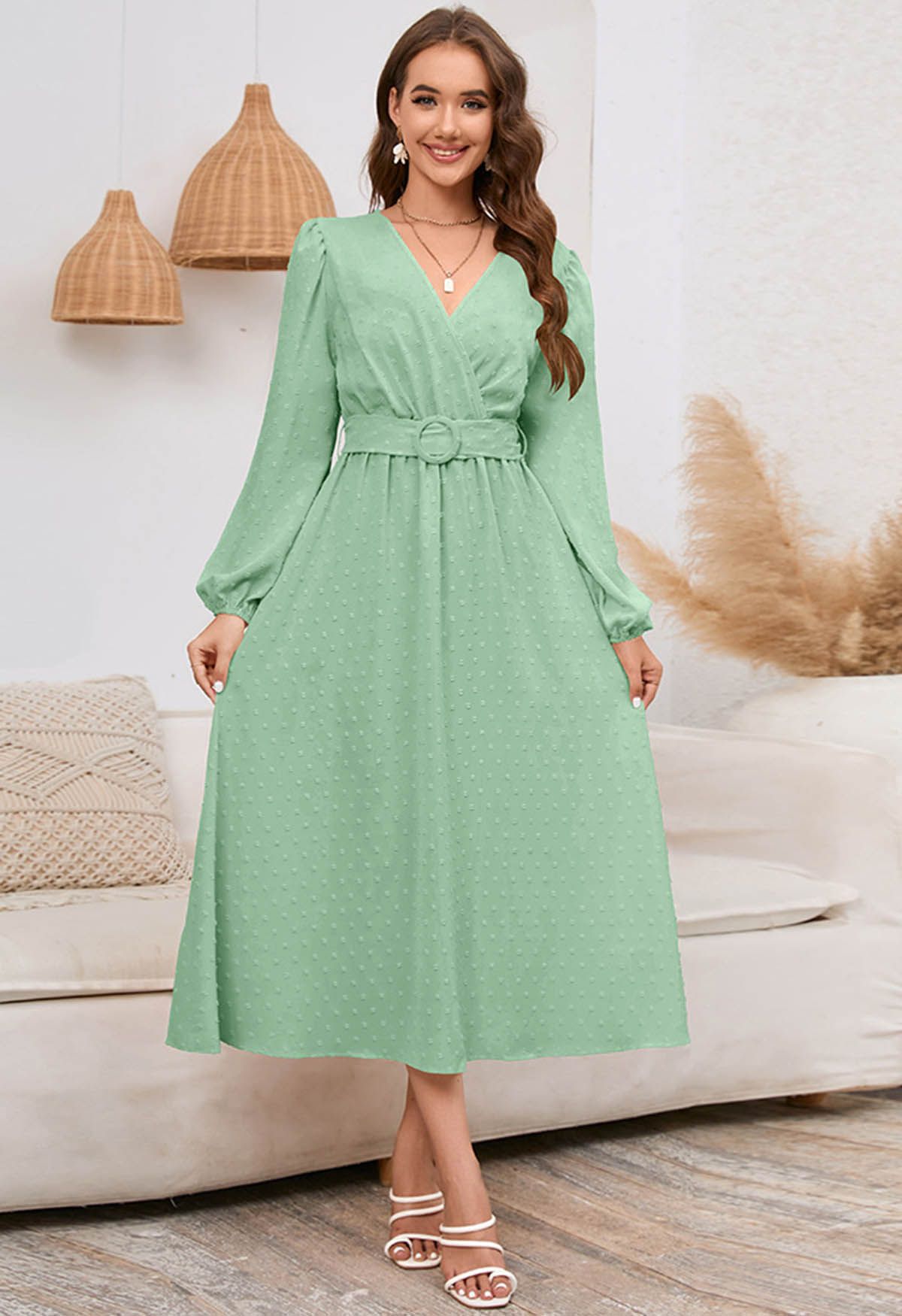 Flock Dot Jacquard Faux-Wrap Belted Dress in Pistachio