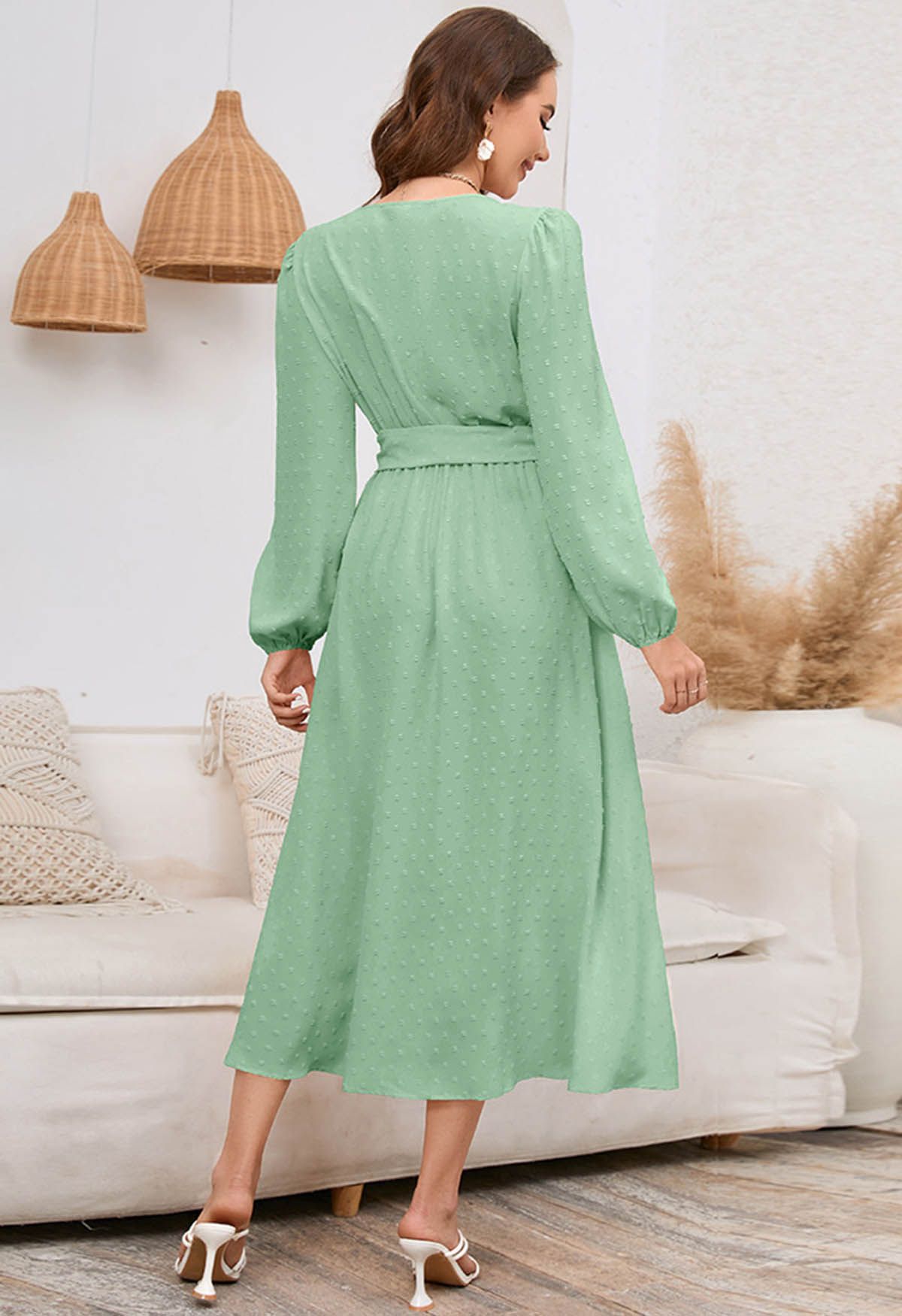 Flock Dot Jacquard Faux-Wrap Belted Dress in Pistachio