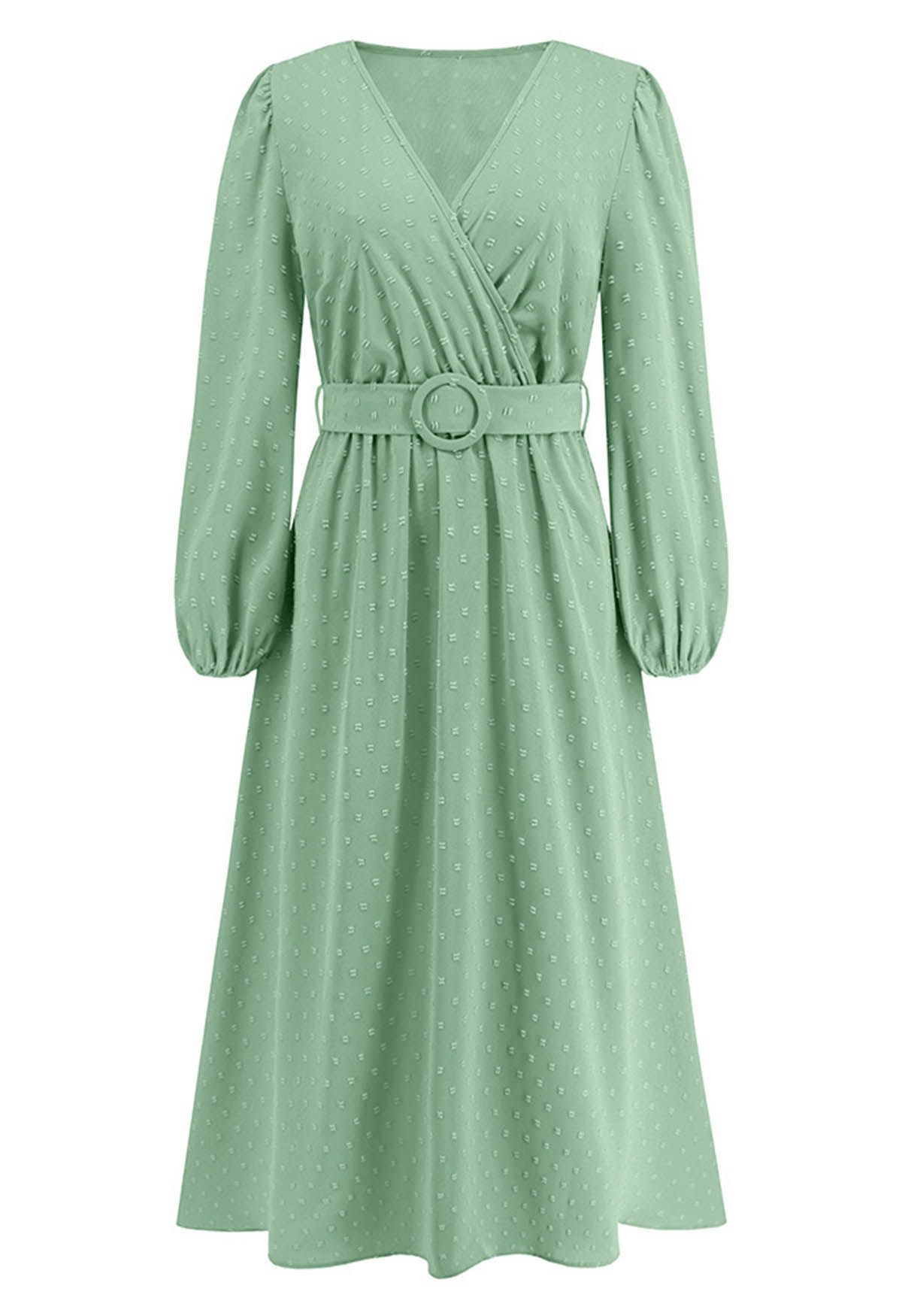 Flock Dot Jacquard Faux-Wrap Belted Dress in Pistachio