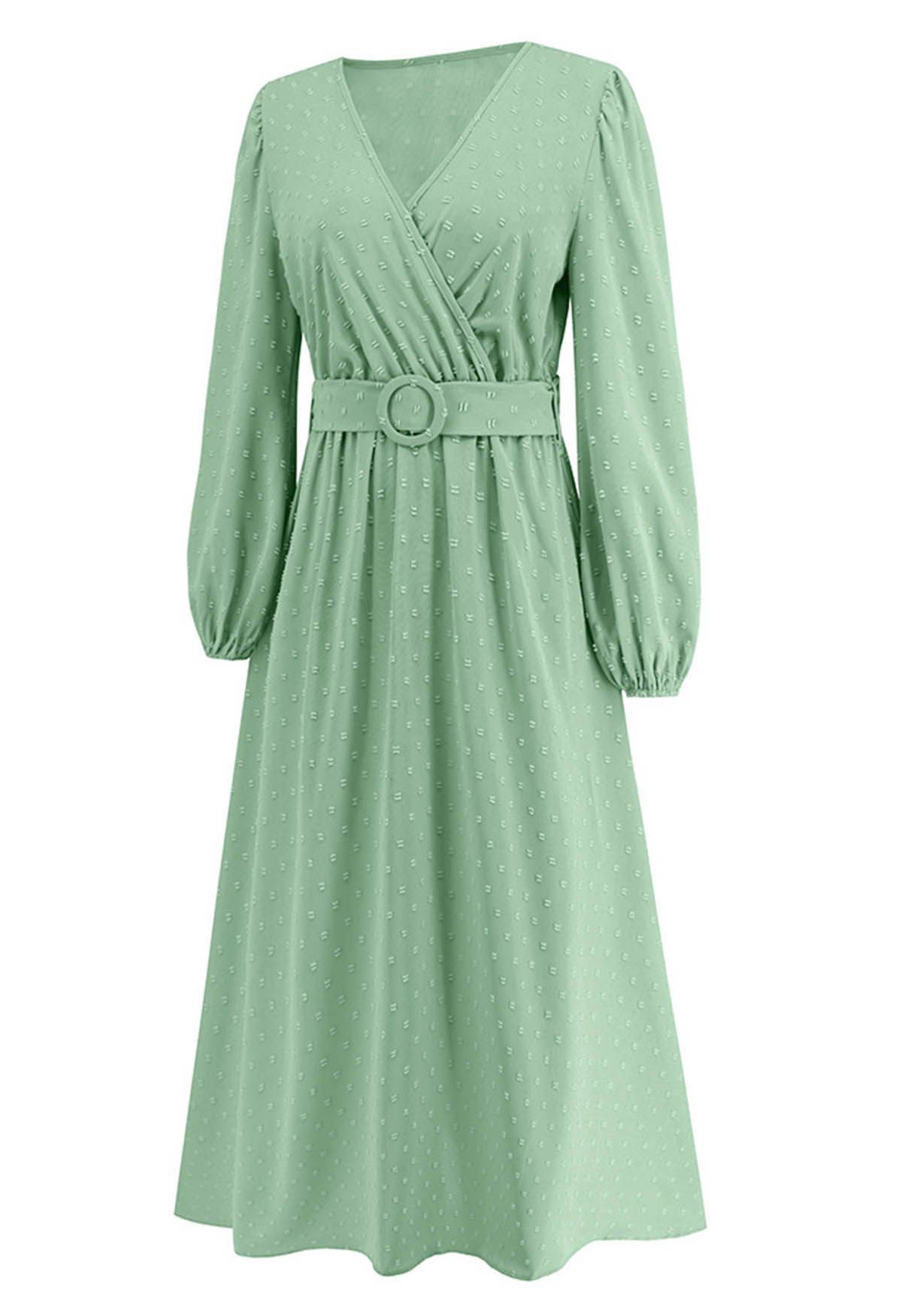 Flock Dot Jacquard Faux-Wrap Belted Dress in Pistachio