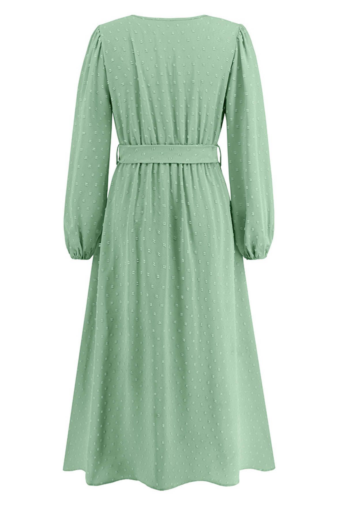 Flock Dot Jacquard Faux-Wrap Belted Dress in Pistachio