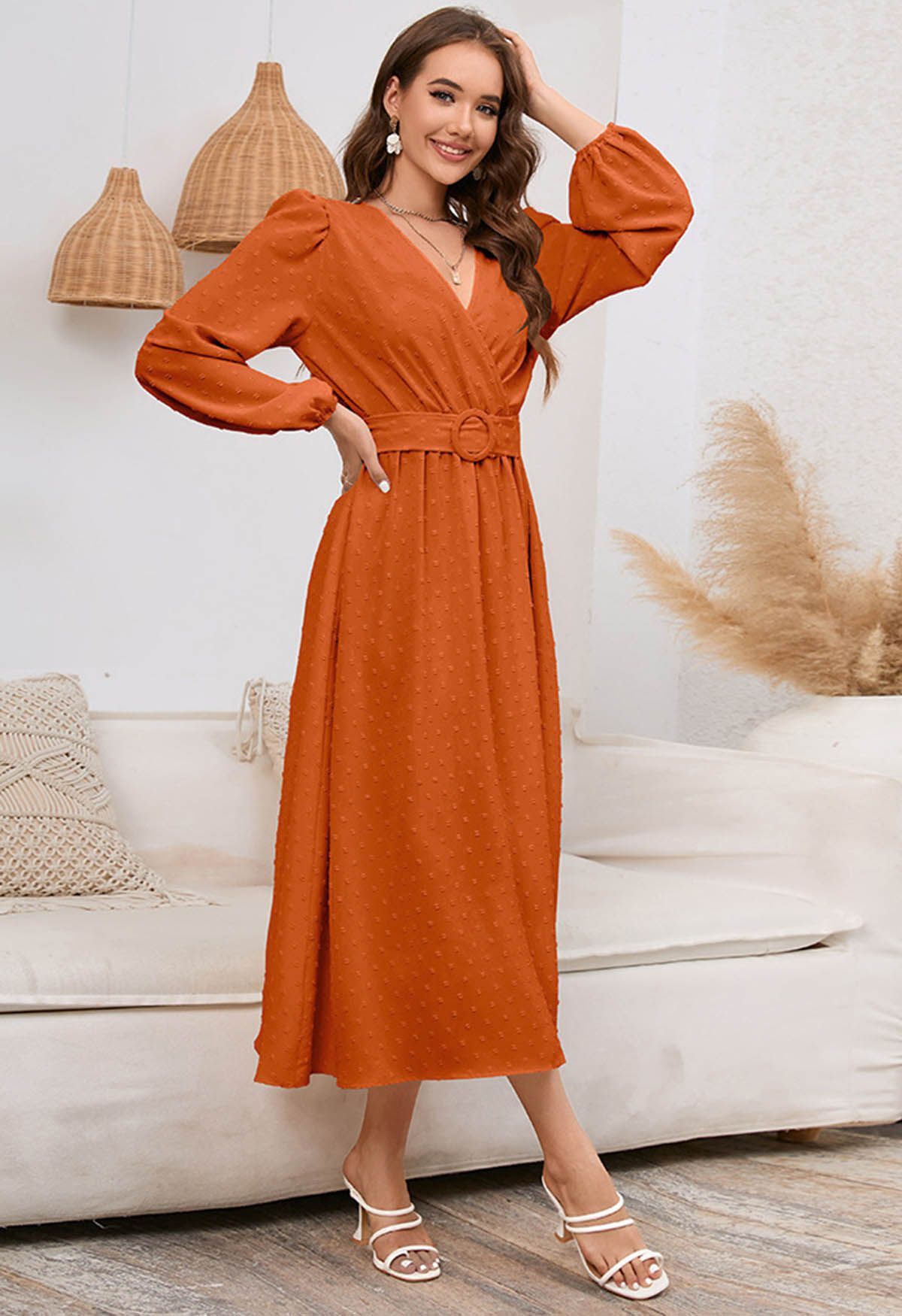 Flock Dot Jacquard Faux-Wrap Belted Dress in Orange