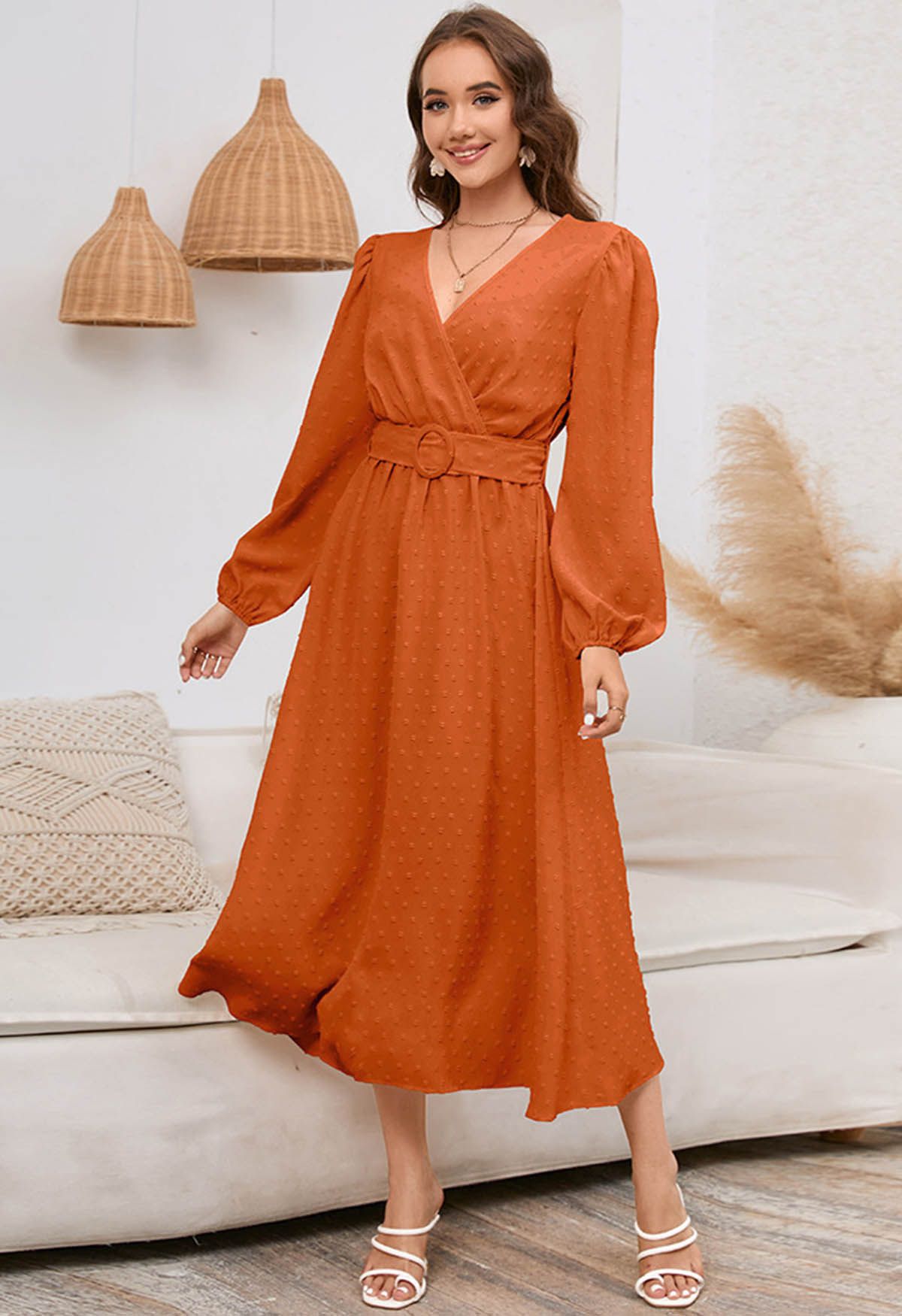 Flock Dot Jacquard Faux-Wrap Belted Dress in Orange