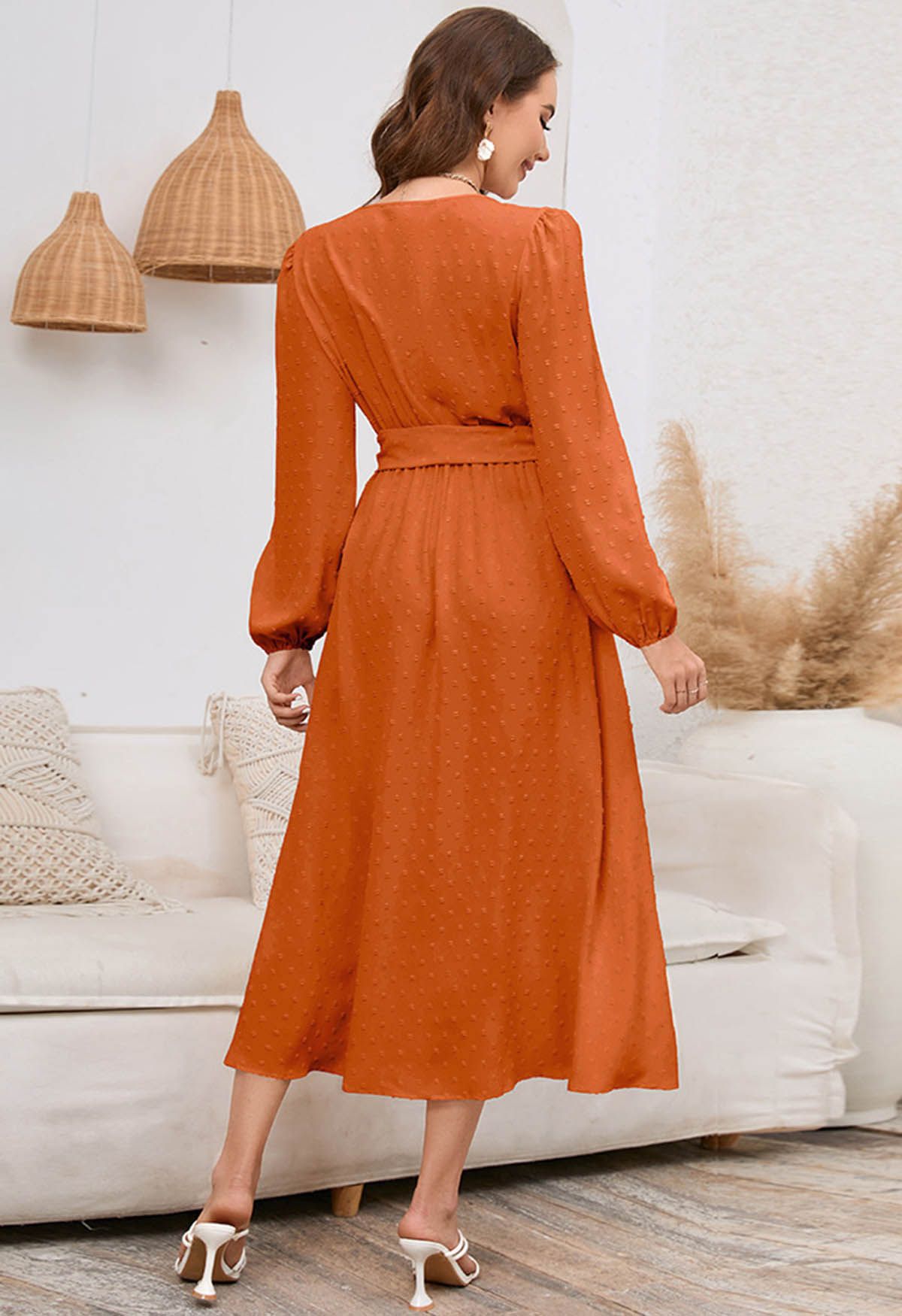 Flock Dot Jacquard Faux-Wrap Belted Dress in Orange