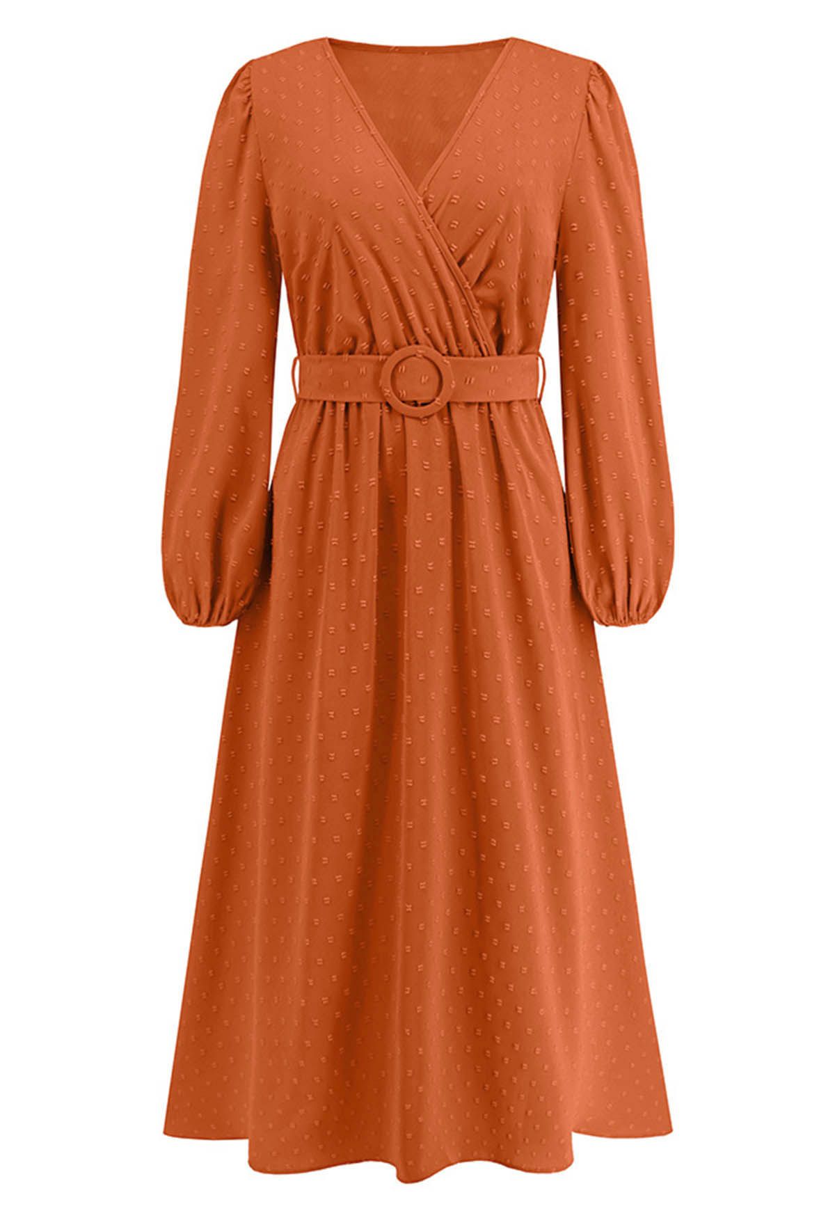 Flock Dot Jacquard Faux-Wrap Belted Dress in Orange