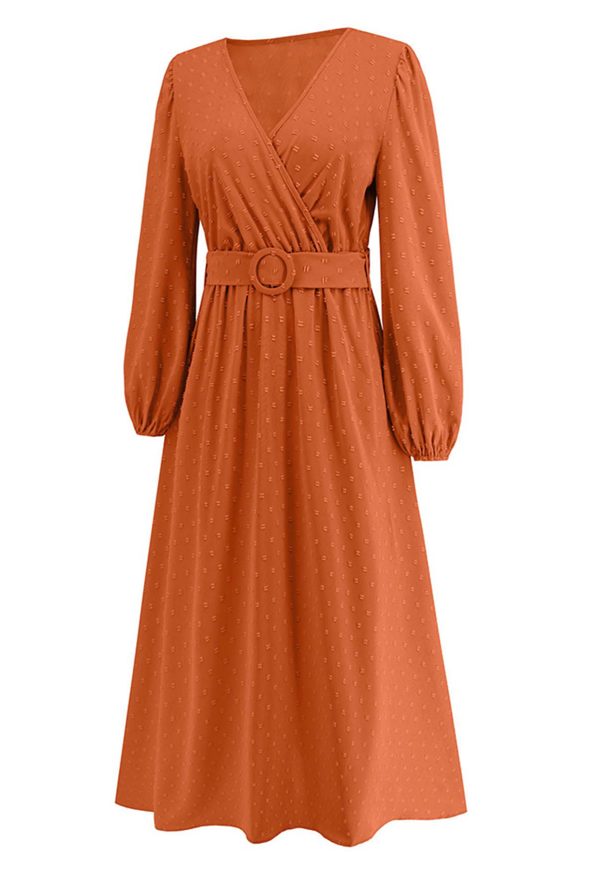 Flock Dot Jacquard Faux-Wrap Belted Dress in Orange