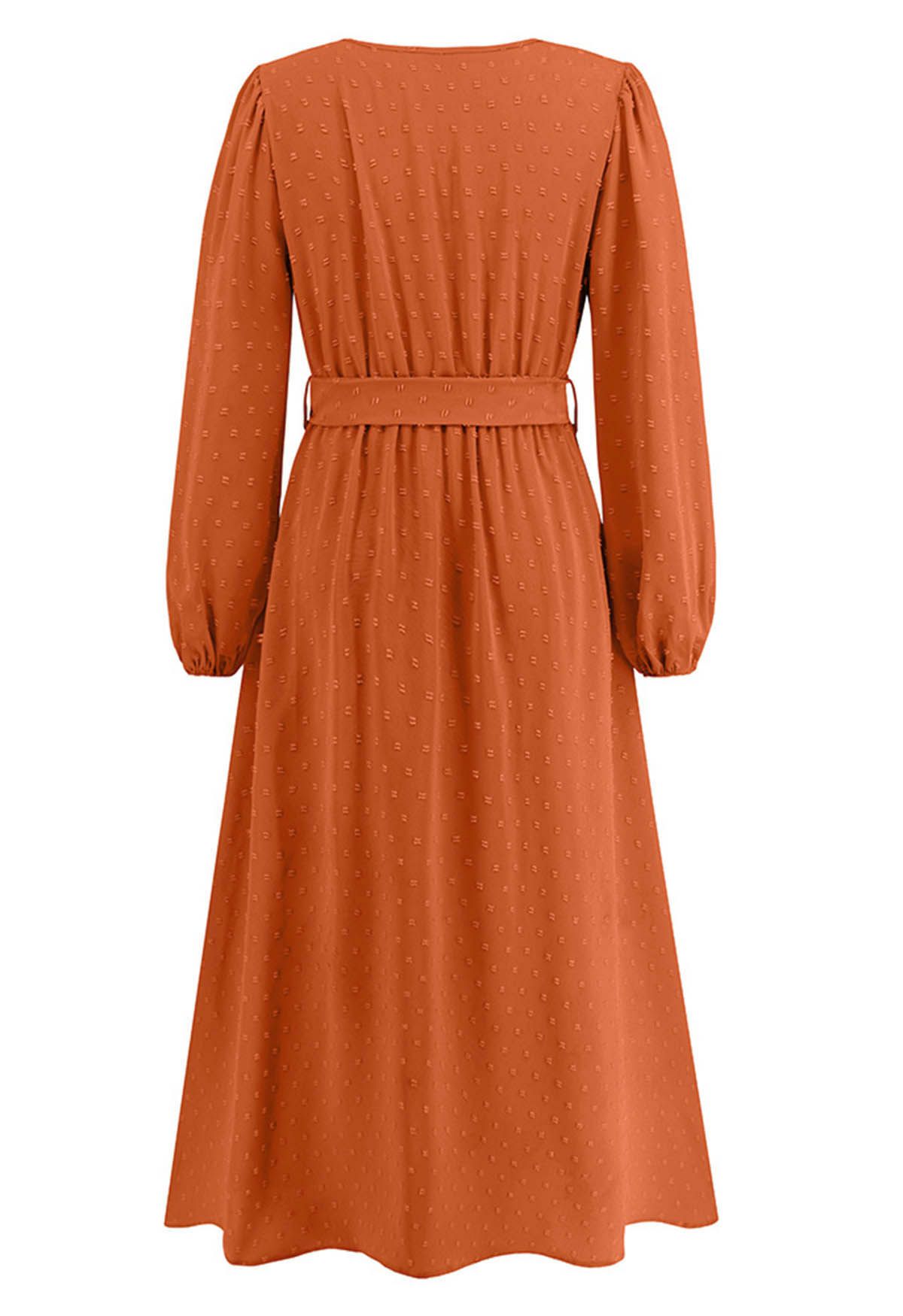 Flock Dot Jacquard Faux-Wrap Belted Dress in Orange