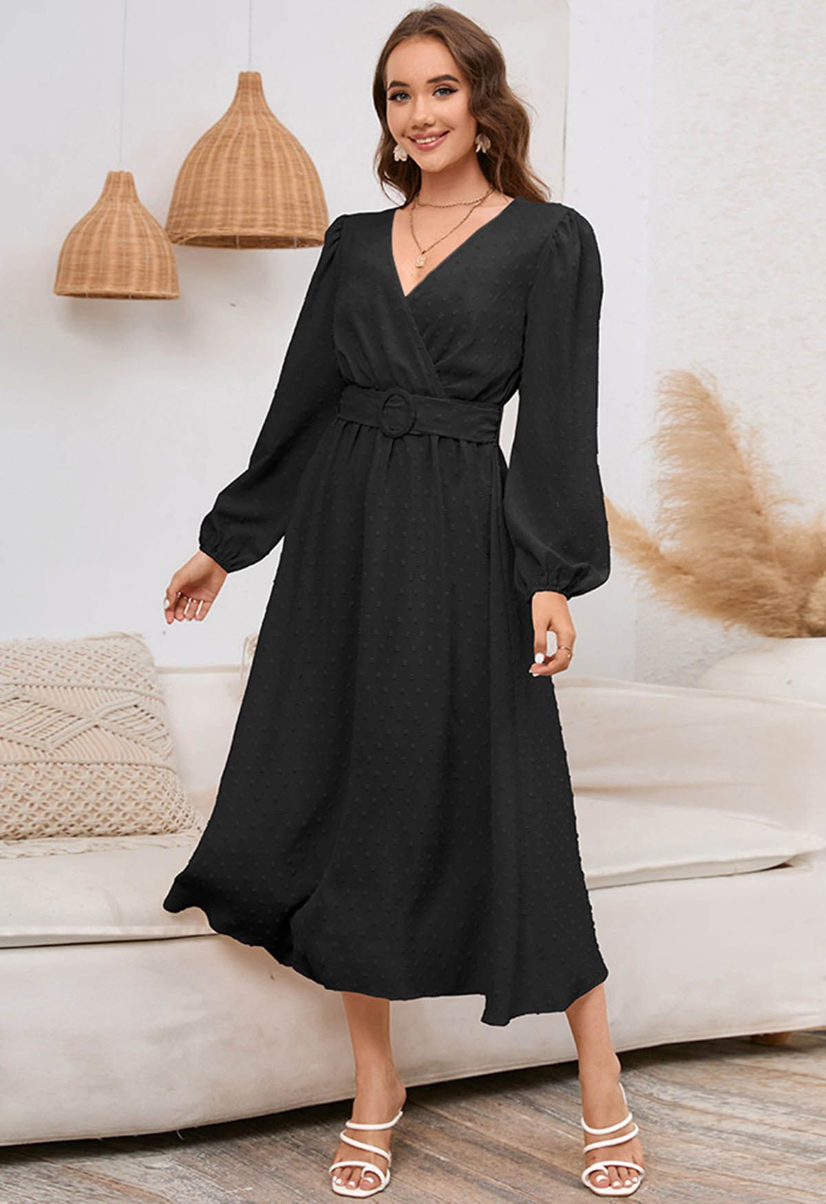 Flock Dot Jacquard Faux-Wrap Belted Dress in Black