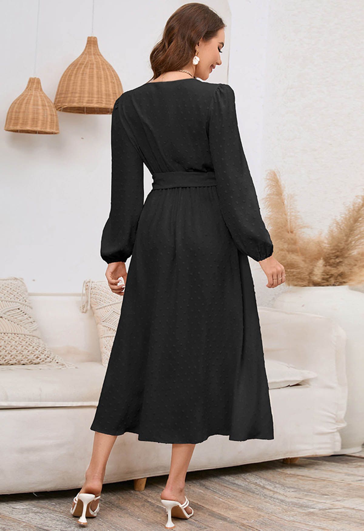 Flock Dot Jacquard Faux-Wrap Belted Dress in Black