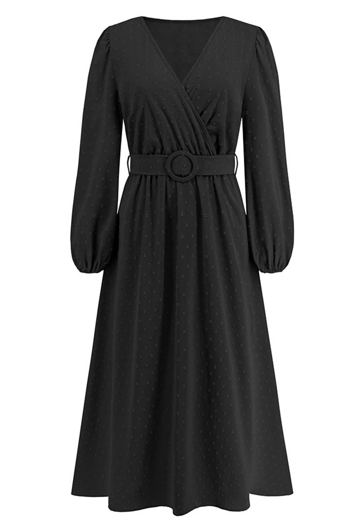 Flock Dot Jacquard Faux-Wrap Belted Dress in Black - Retro, Indie