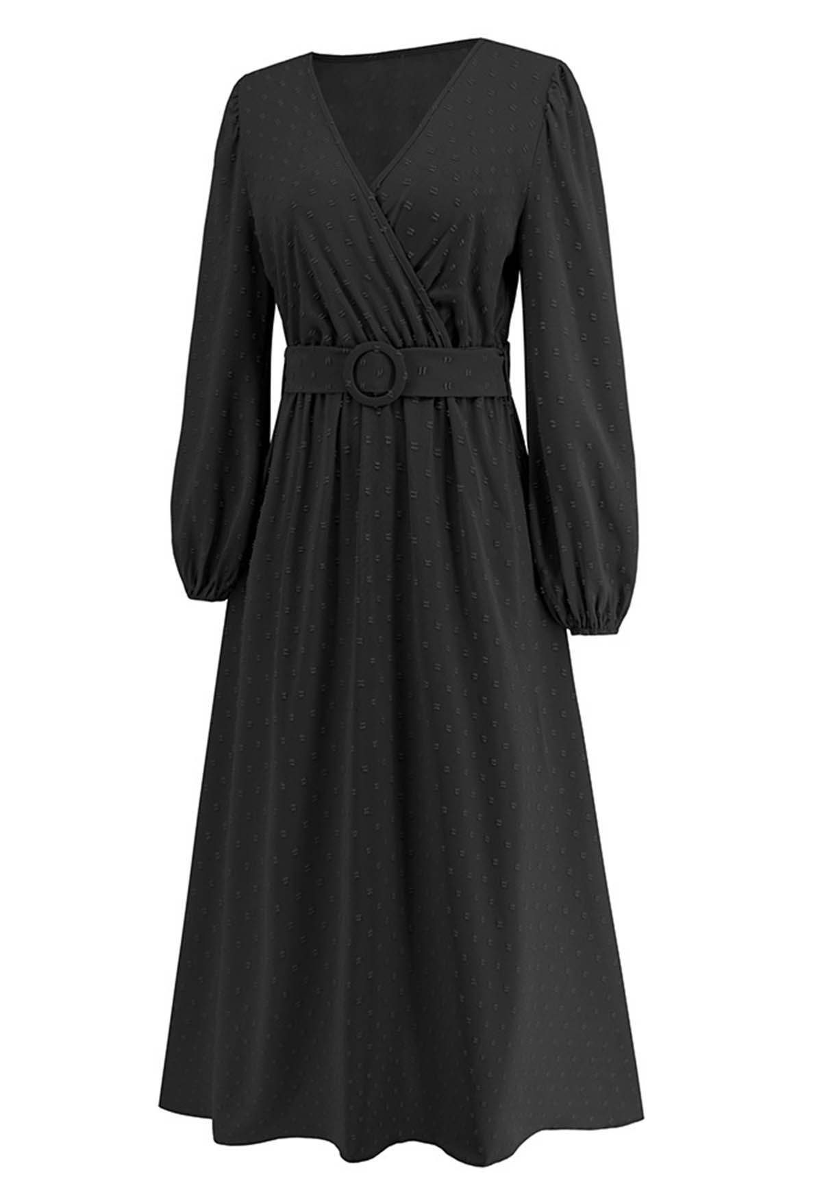 Flock Dot Jacquard Faux-Wrap Belted Dress in Black