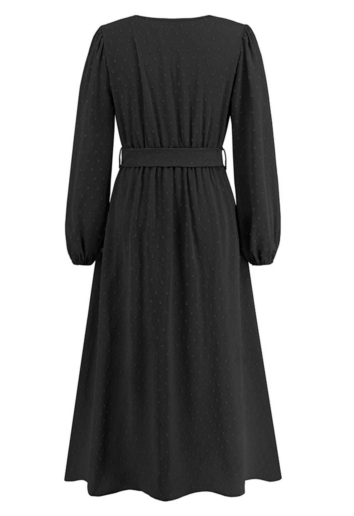 Flock Dot Jacquard Faux-Wrap Belted Dress in Black