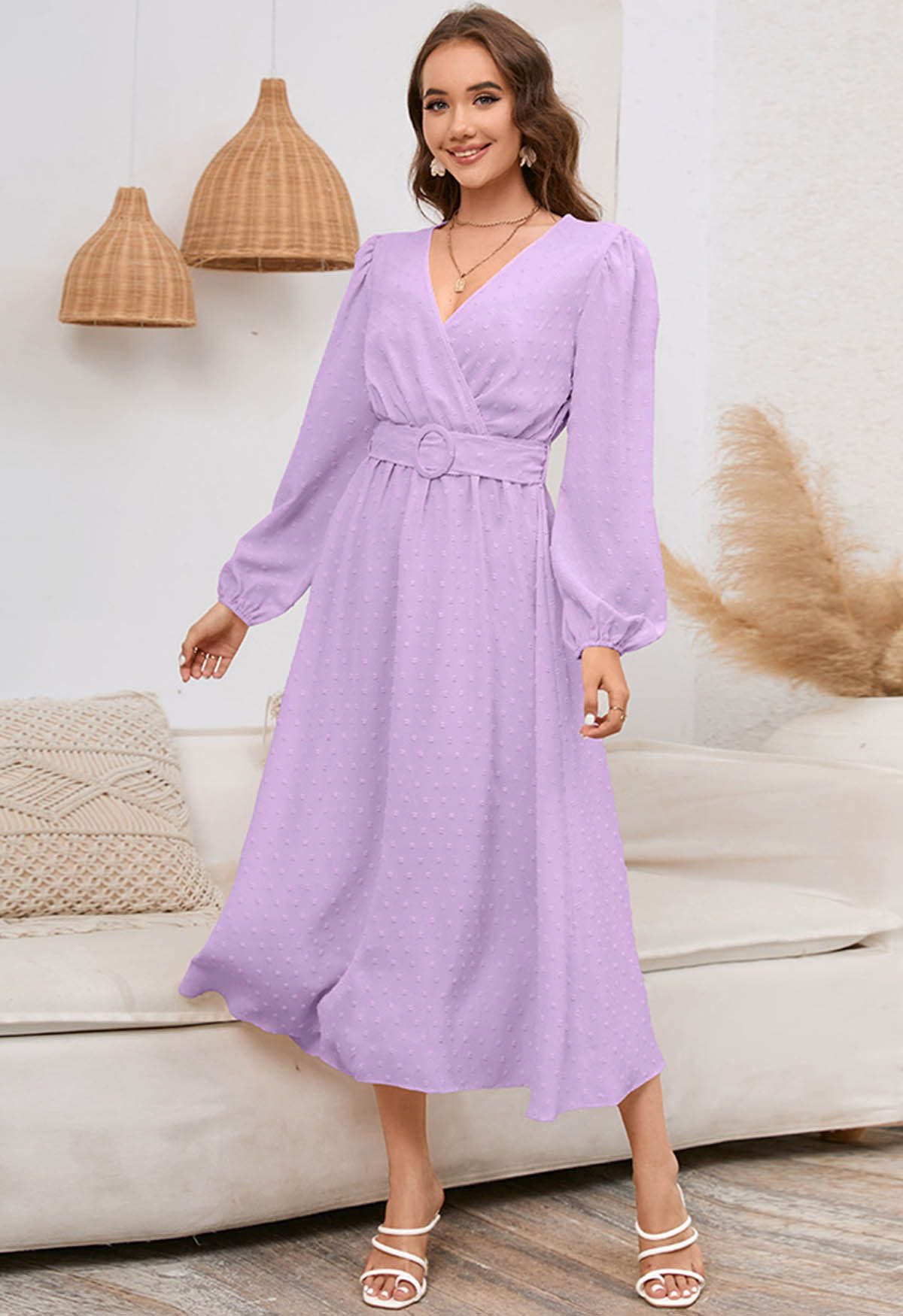 Flock Dot Jacquard Faux-Wrap Belted Dress in Lilac