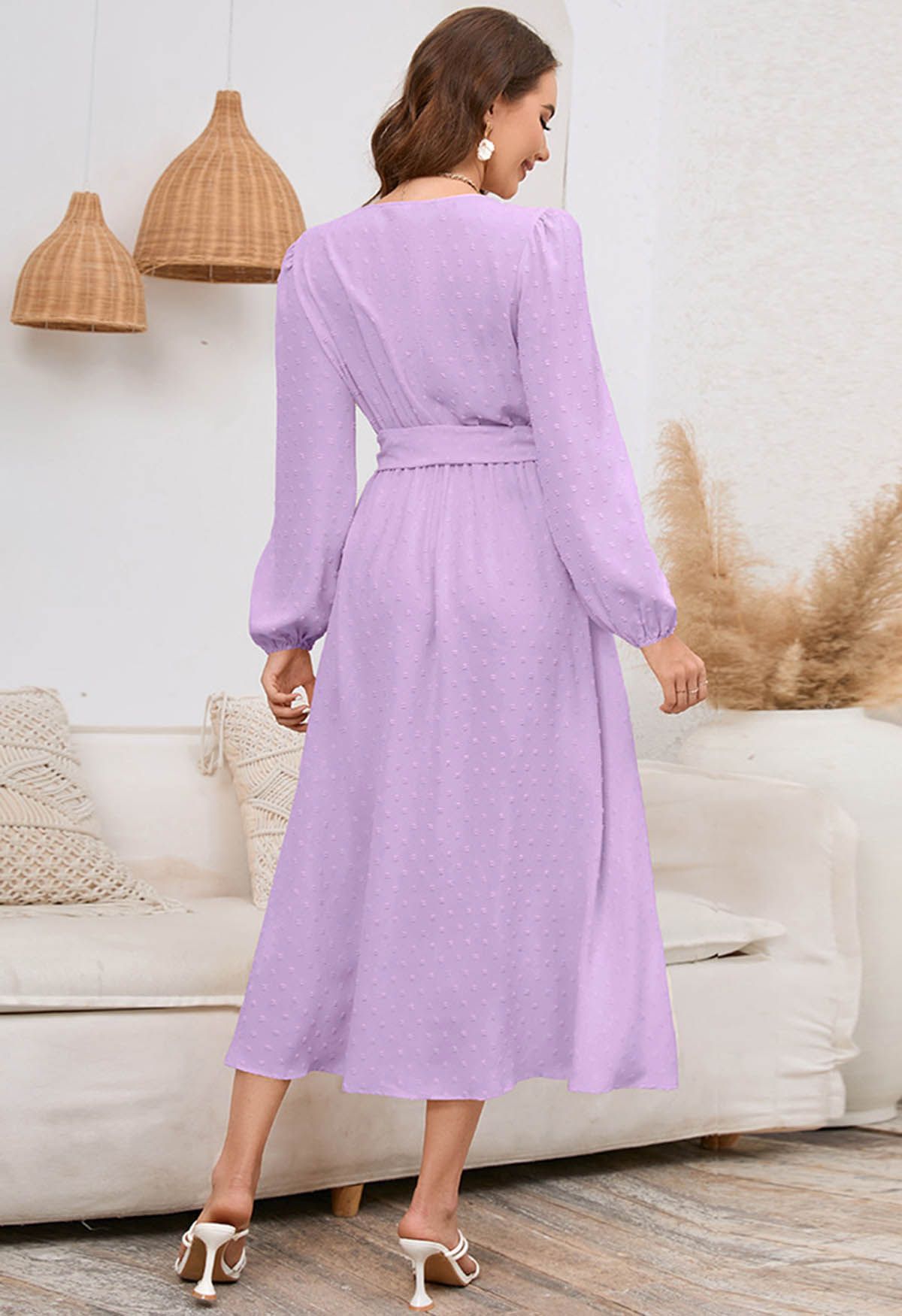 Flock Dot Jacquard Faux-Wrap Belted Dress in Lilac