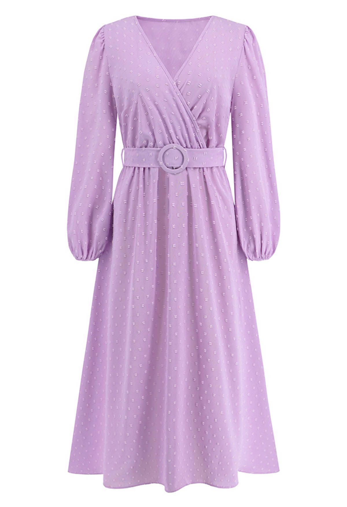 Flock Dot Jacquard Faux-Wrap Belted Dress in Lilac