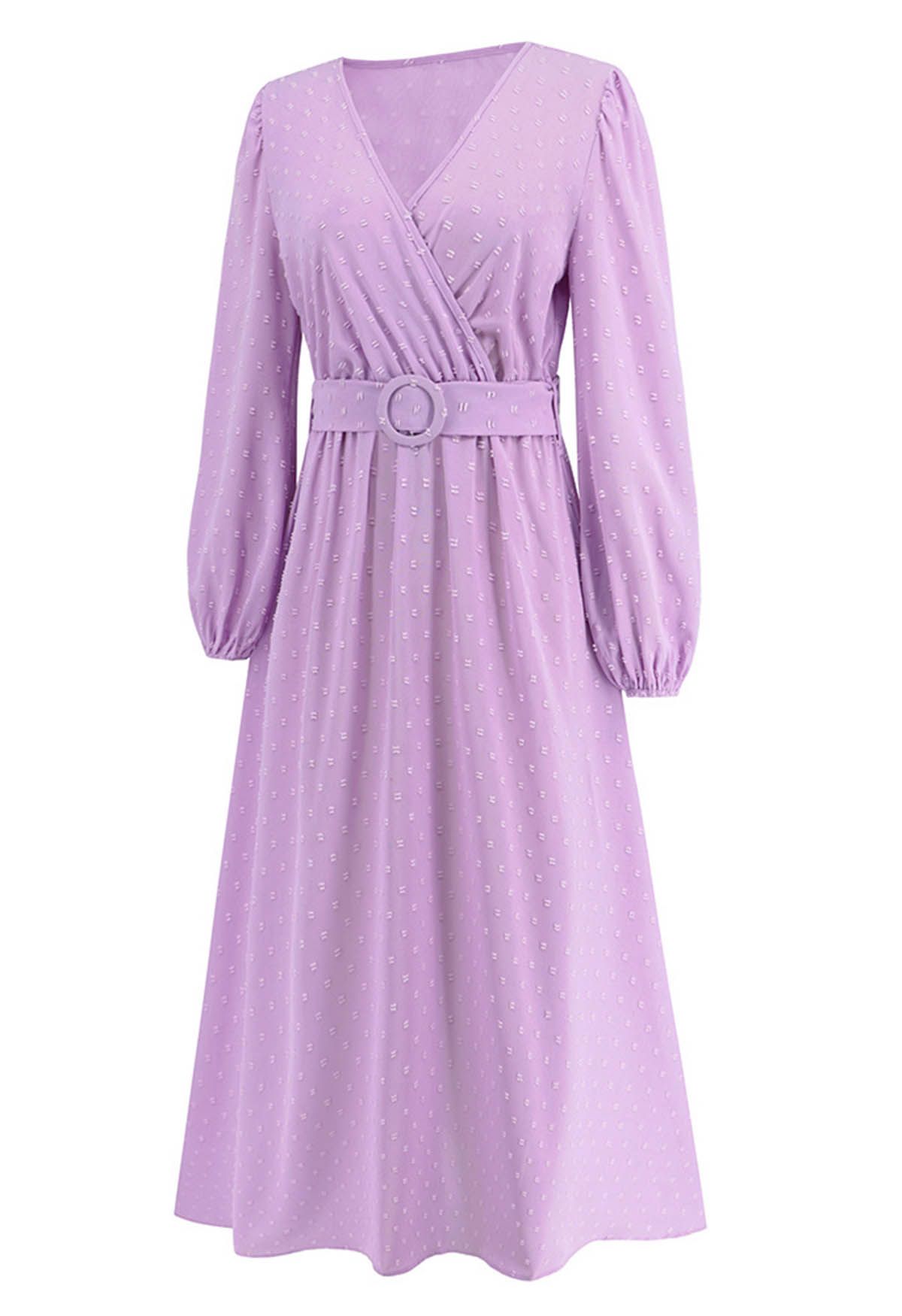 Flock Dot Jacquard Faux-Wrap Belted Dress in Lilac