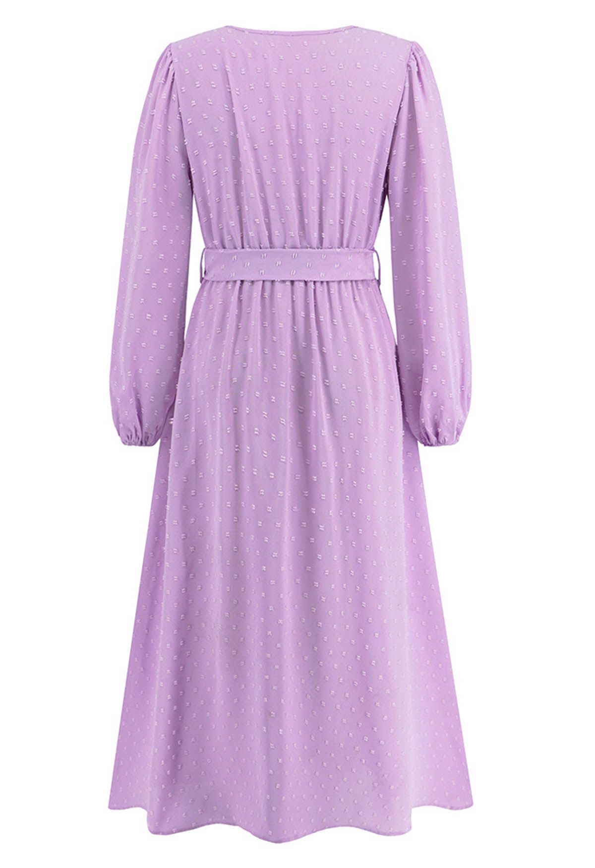 Flock Dot Jacquard Faux-Wrap Belted Dress in Lilac