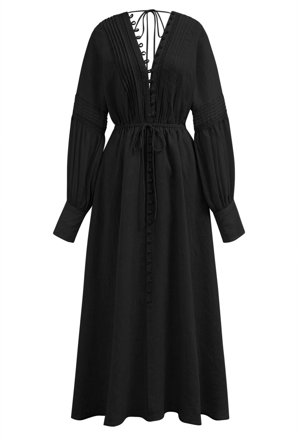 V-Neck Buttoned Long Sleeve Dress in Black