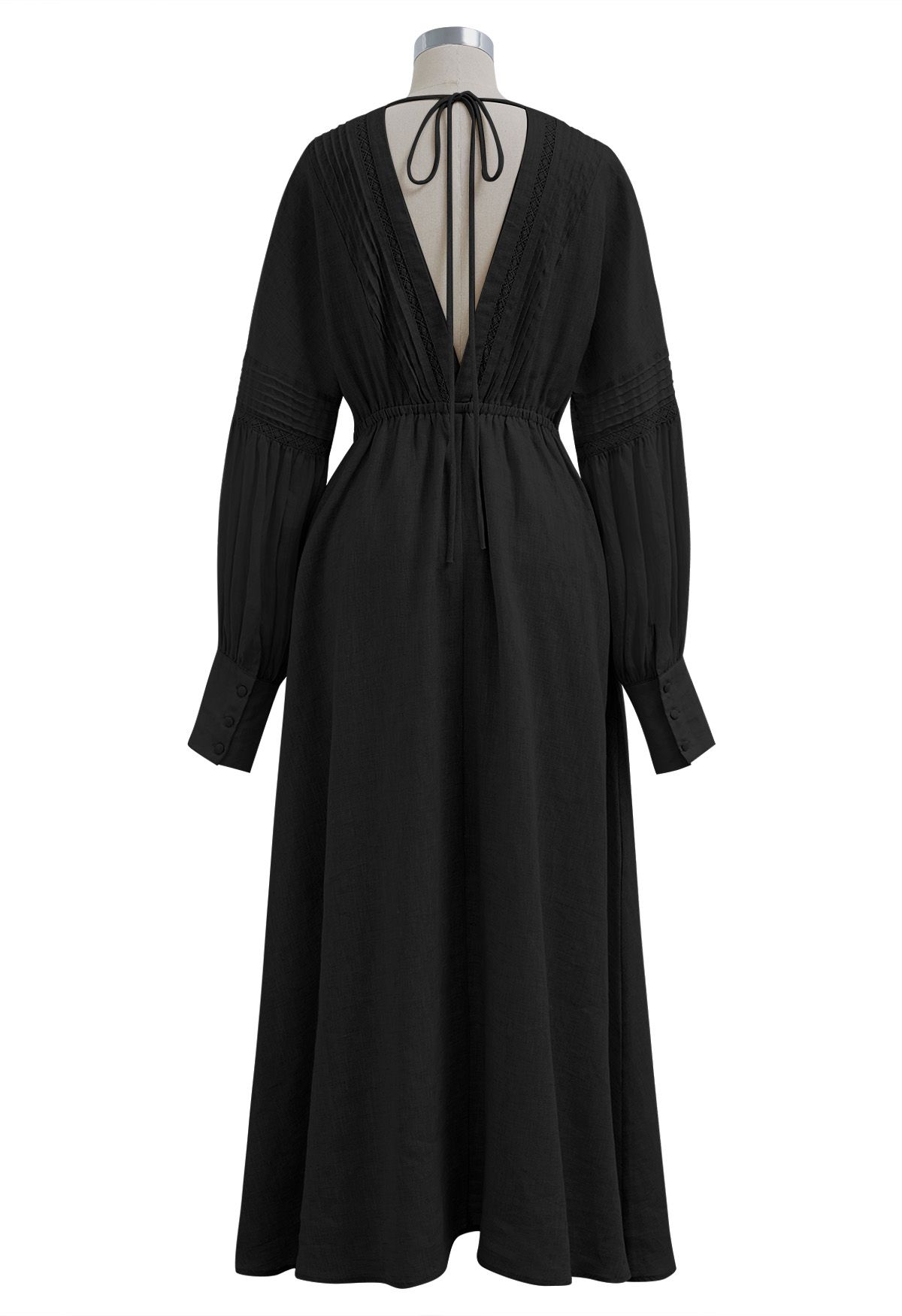 V-Neck Buttoned Long Sleeve Dress in Black - Retro, Indie and Unique ...