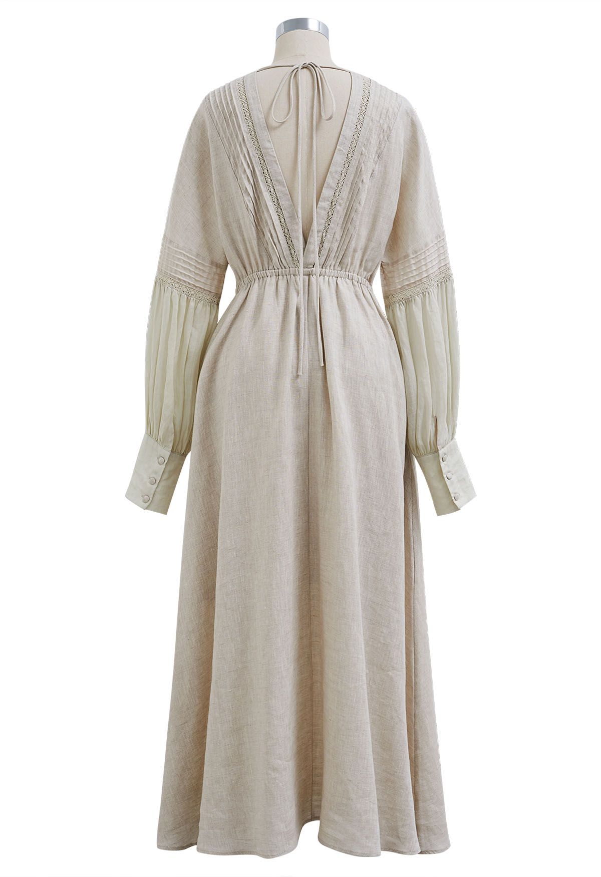 V-Neck Buttoned Long Sleeve Dress in Linen