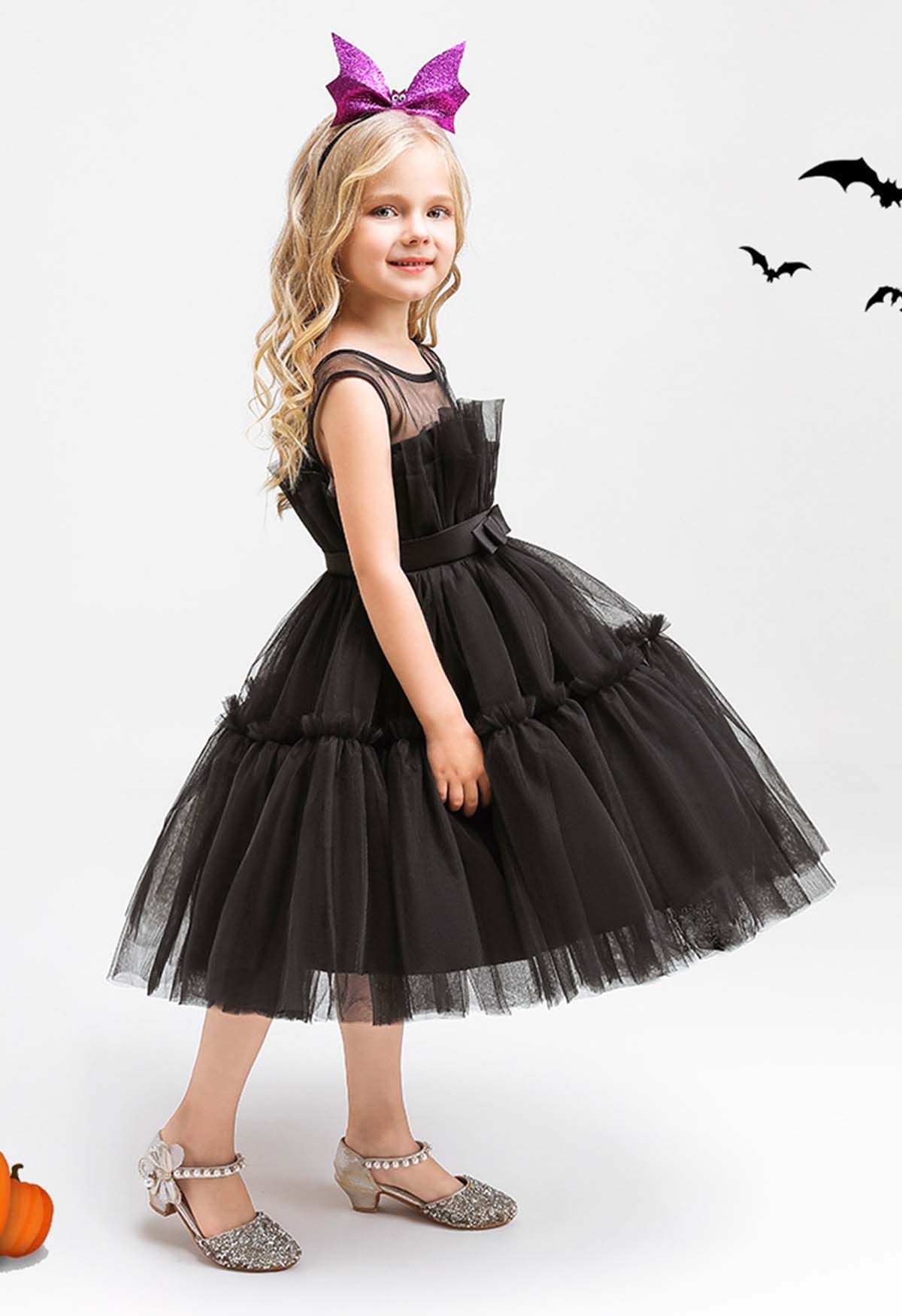 Bowknot Waist Tulle Dress in Black for Kids