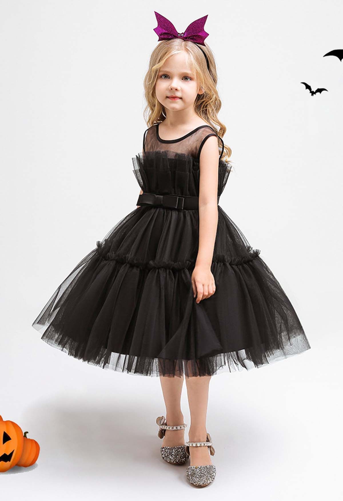 Bowknot Waist Tulle Dress in Black for Kids