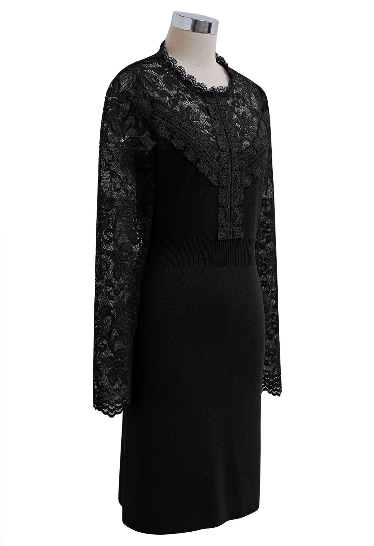 Floral Lace Spliced Knit Dress in Black