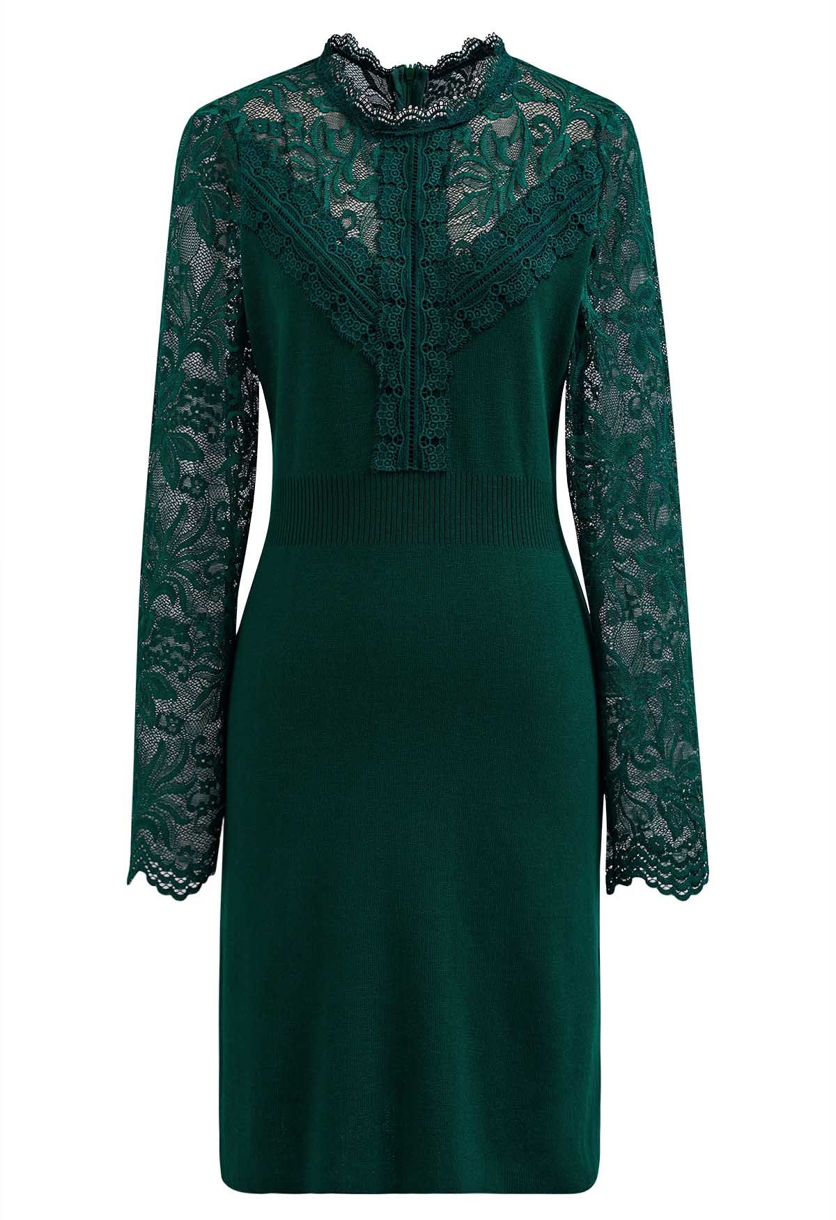 Floral Lace Spliced Knit Dress in Dark Green - Retro, Indie and Unique  Fashion