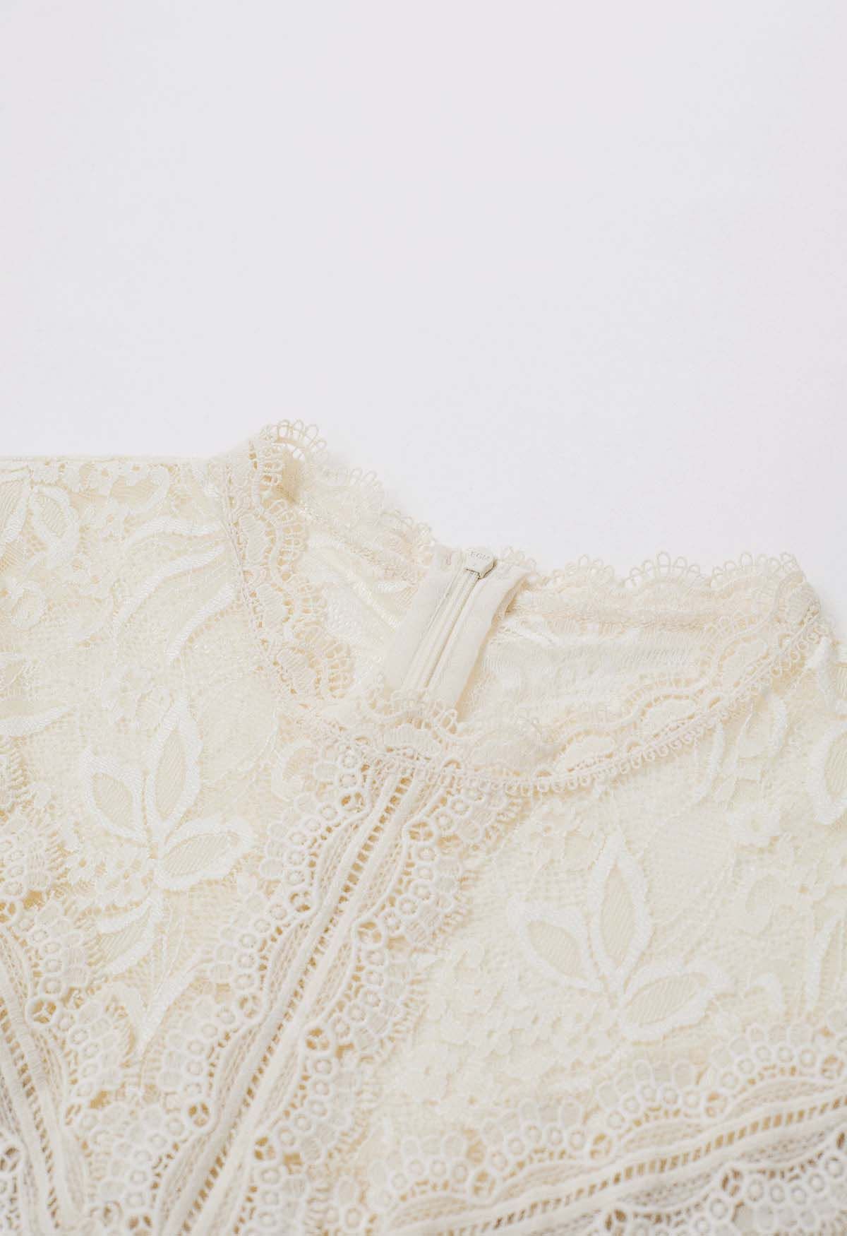 Floral Lace Spliced Knit Dress in Cream